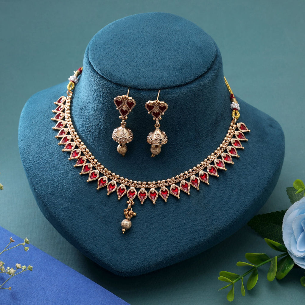 Red Color Temple Necklace Jewelry Set Traditional Appeal
