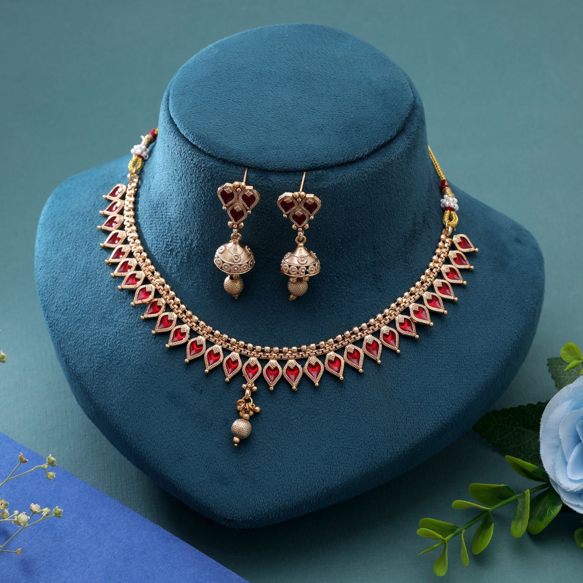 Red Color Temple Necklace Jewelry Set Traditional Appeal