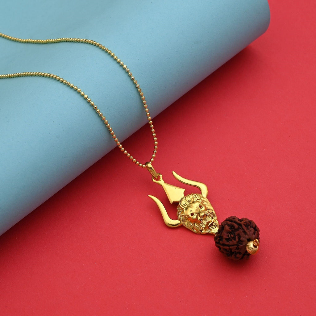 Traditional Gold Color Trishul Pendant Lord Shiva Rudraksha Mala Chain Necklace