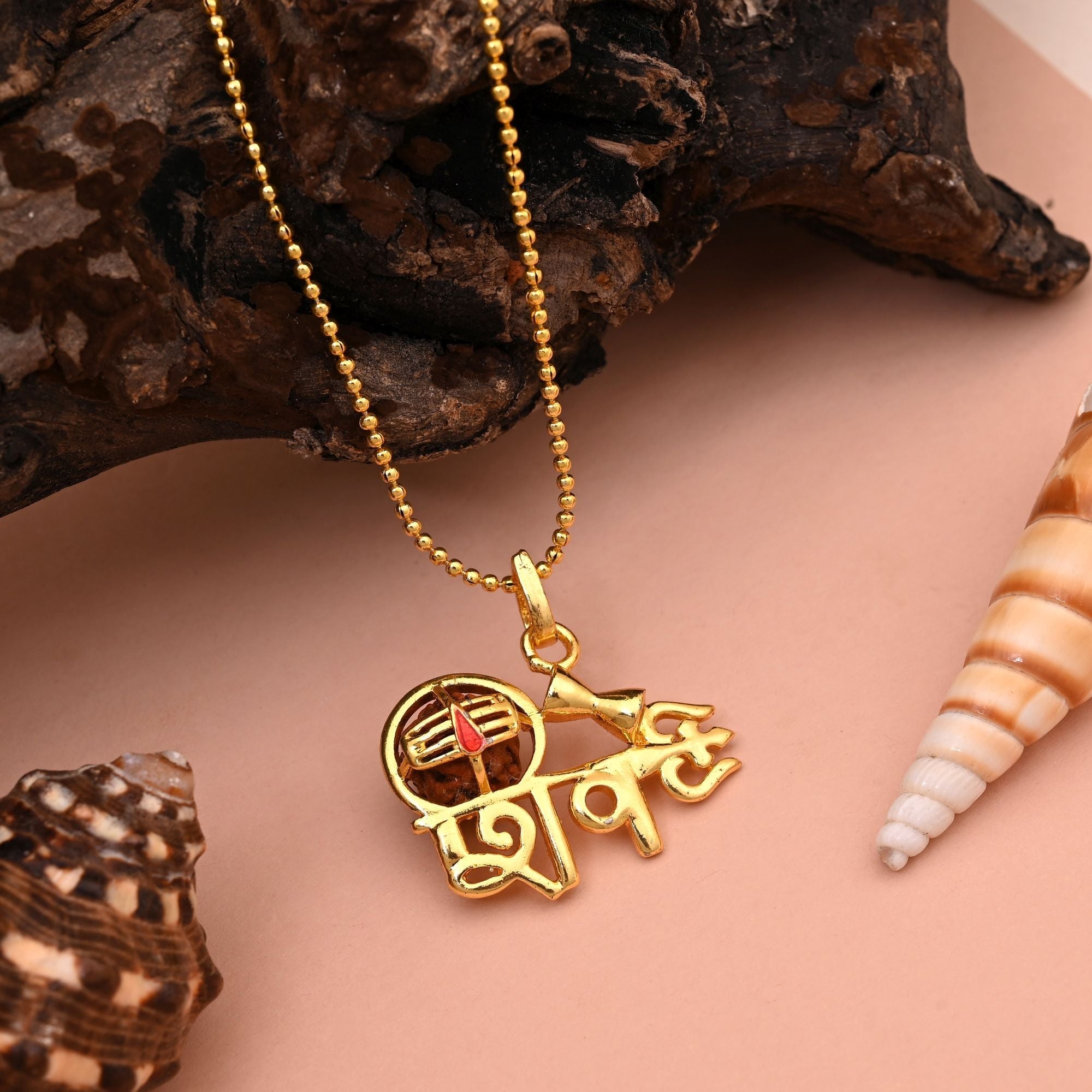 Sacred Gold Color Rudraksha Mala Chain Necklace With Shiva Trishul Design