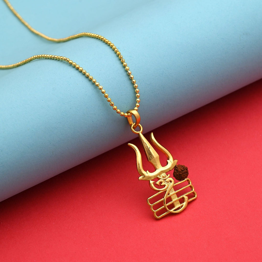 Divine Gold Color Shiva Trishul Symbol Rudraksha Mala Chain Necklace
