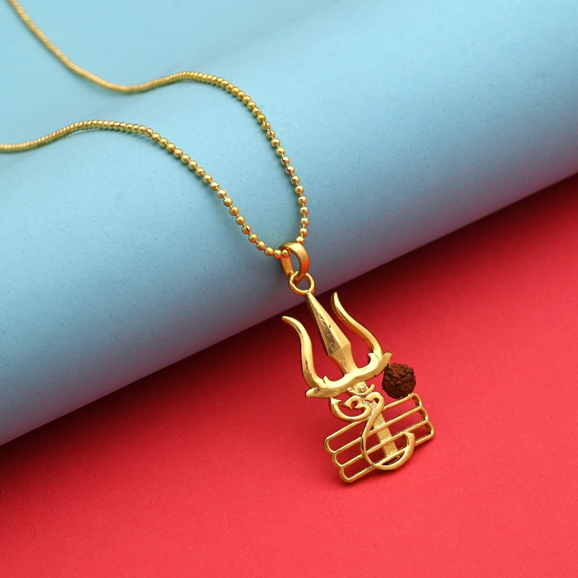 Divine Gold Color Shiva Trishul Symbol Rudraksha Mala Chain Necklace