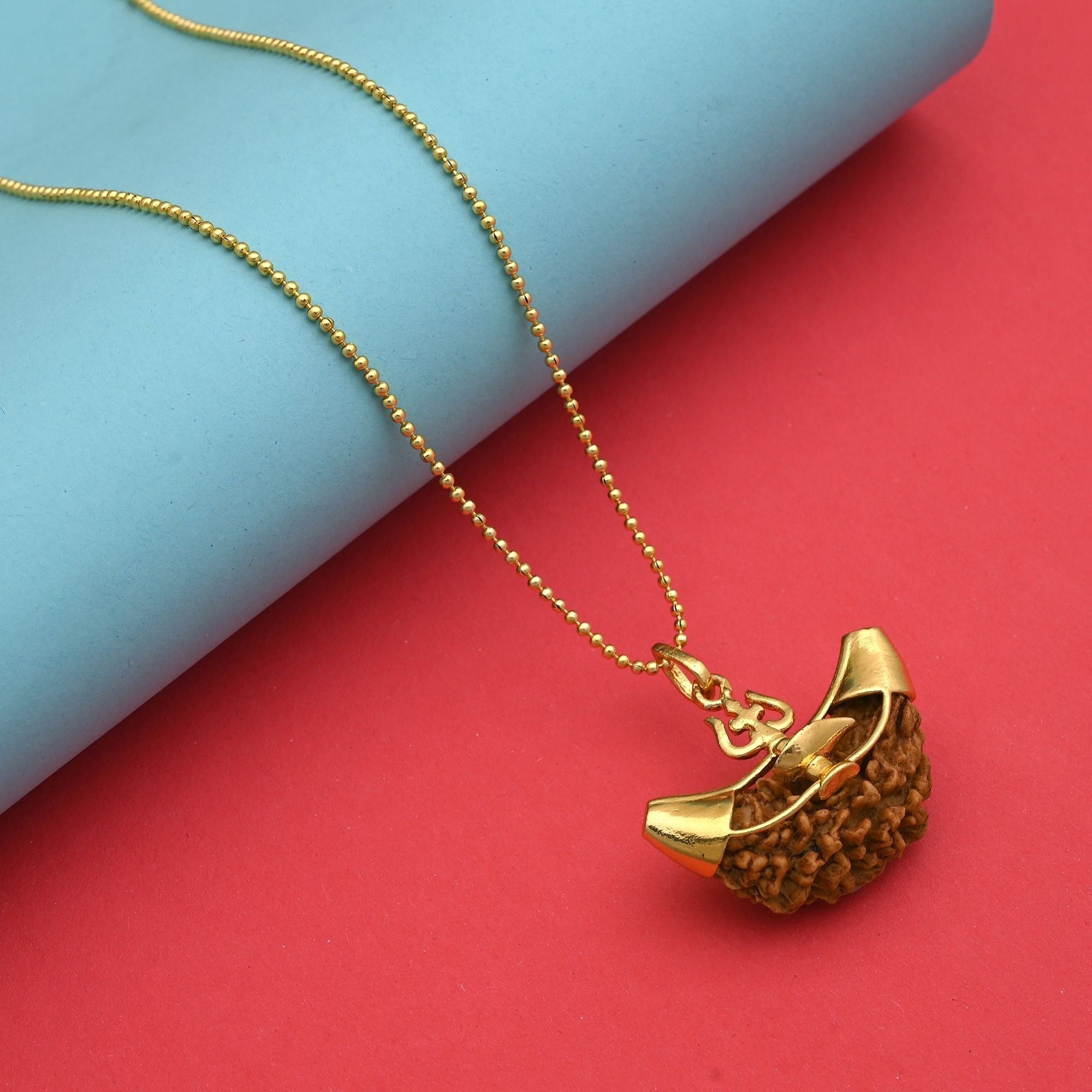 Gold Color Rudraksha Mala Chain Necklace Featuring Lord Shiva’S Trishul Charm