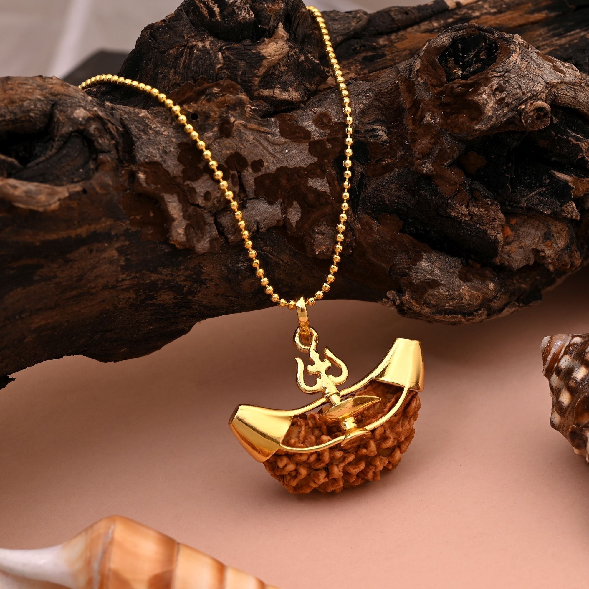 Gold Color Rudraksha Mala Chain Necklace Featuring Lord Shiva’S Trishul Charm