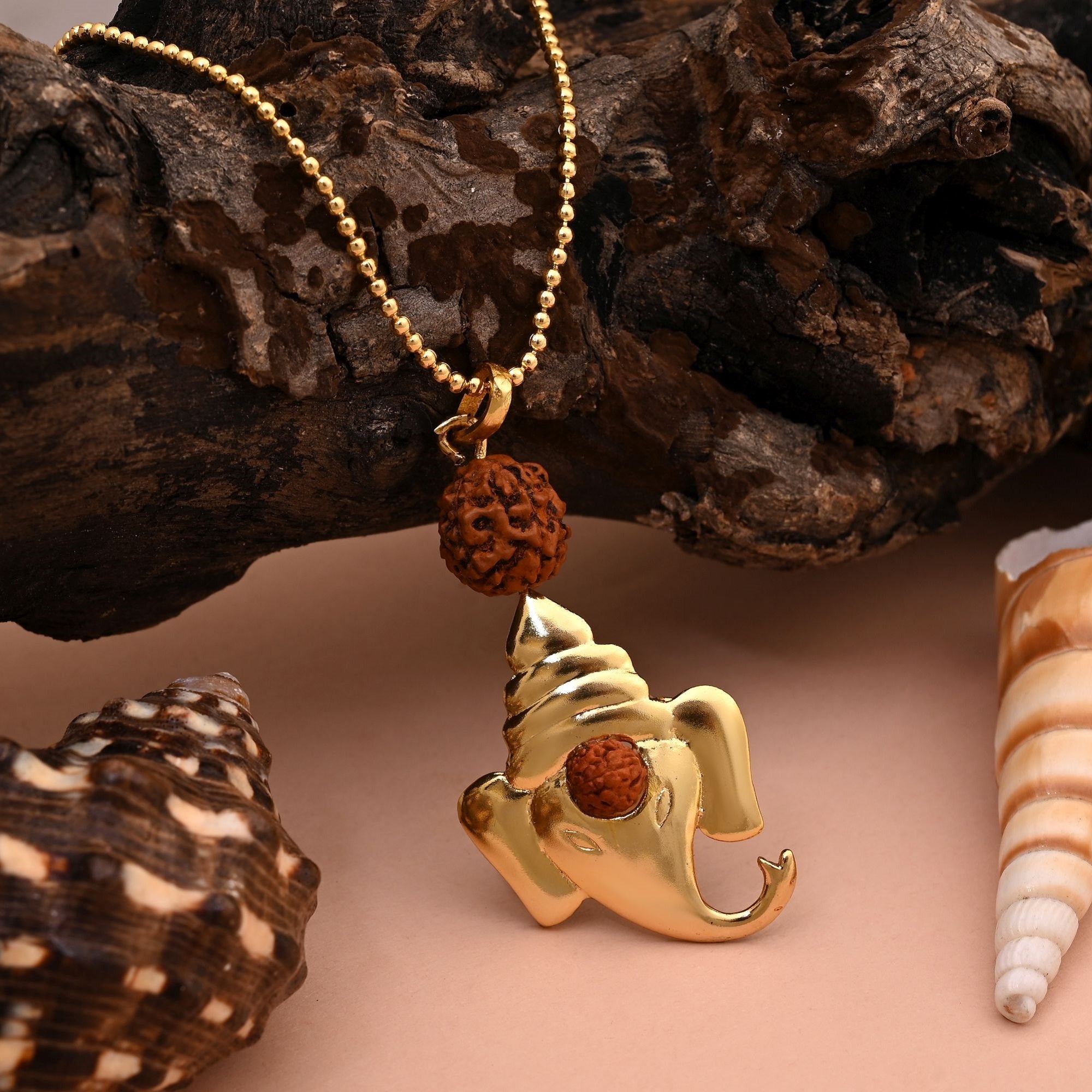 Blessed Gold Color Ganesha Idol Rudraksha Mala Chain Necklace For Protection
