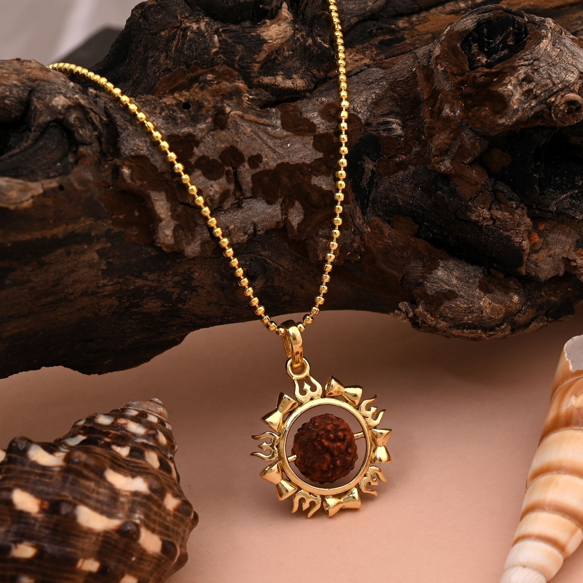 Devotional Gold Color Lord Shiva Trishul Rudraksha Mala Chain Necklace Gift