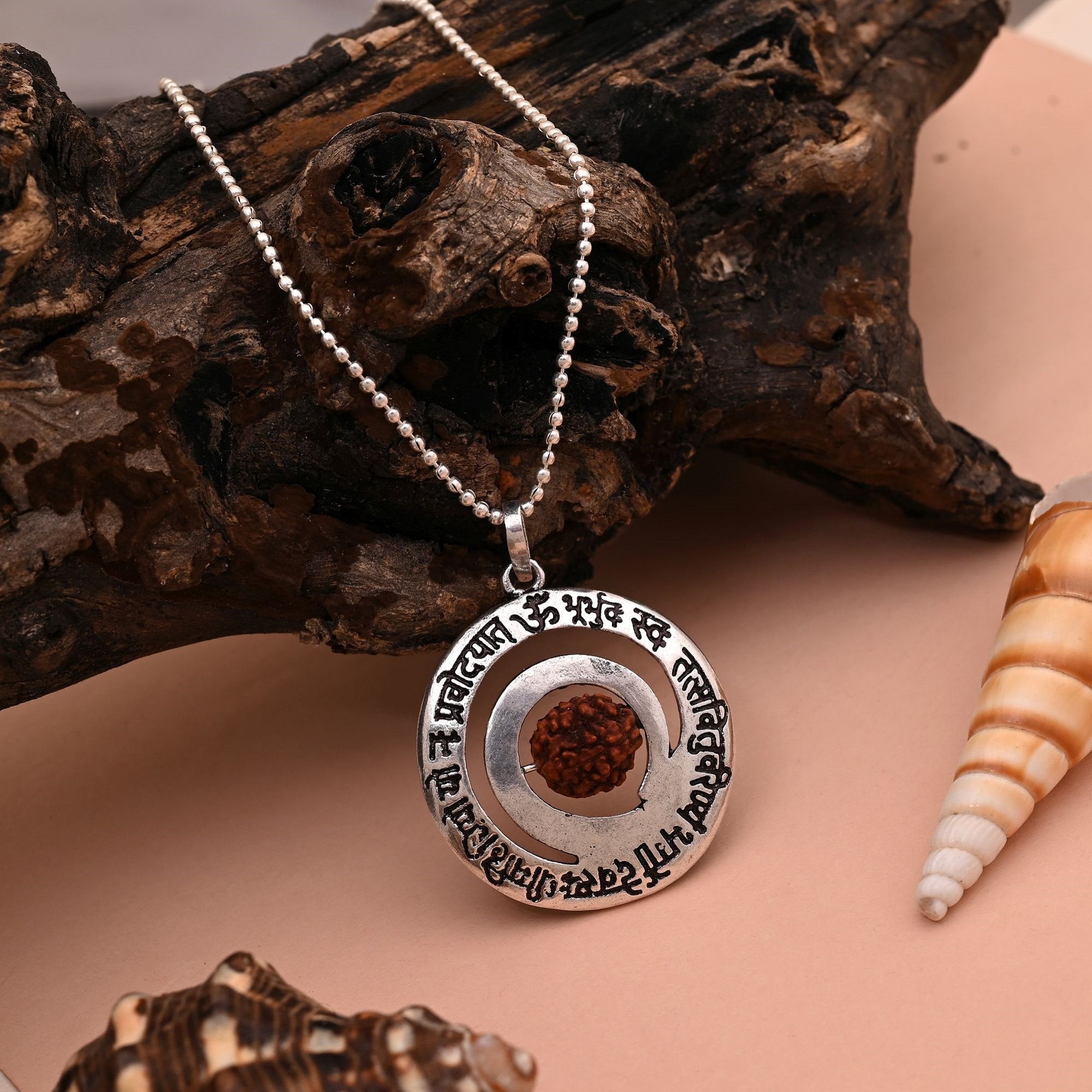 Silver Color Rudraksha Mala Chain Necklace With Gayatri Mantra Pendant Design