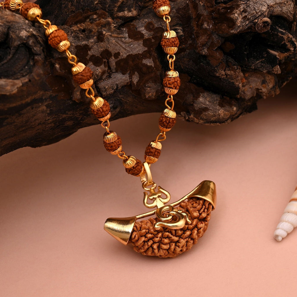 Gold Color Shiva Trishul Pendant Rudraksha Mala Chain Necklace For Blessings