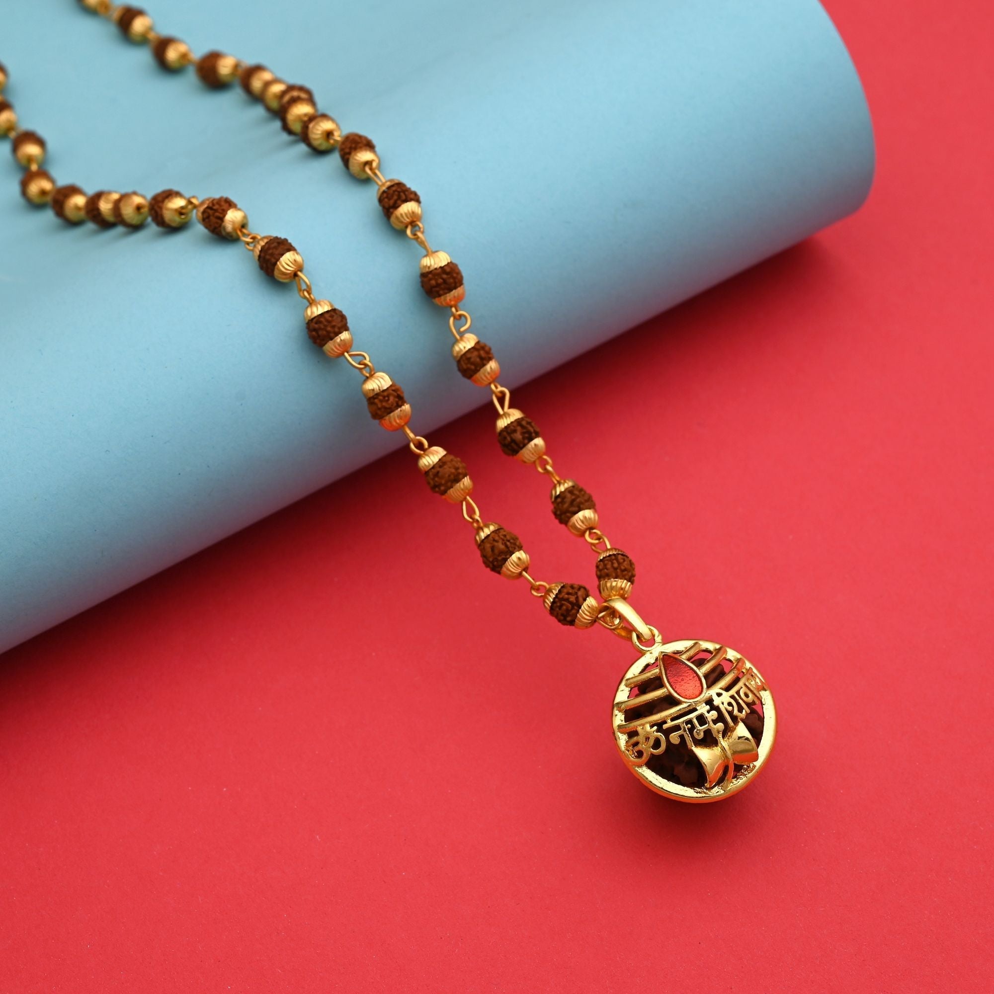 Gold Color Om Namah Shivay Inscription Rudraksha Mala Chain Necklace Piece