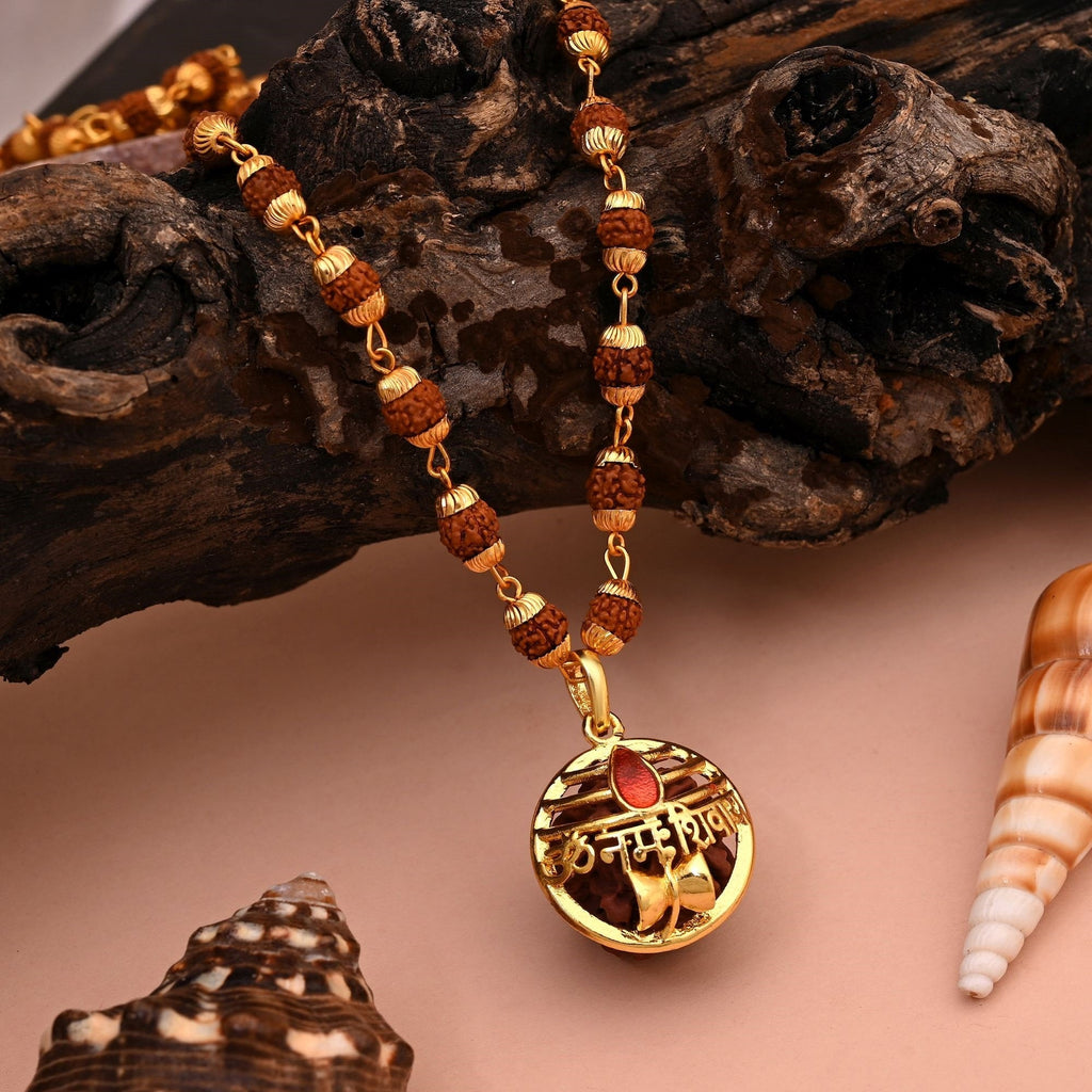 Gold Color Om Namah Shivay Inscription Rudraksha Mala Chain Necklace Piece