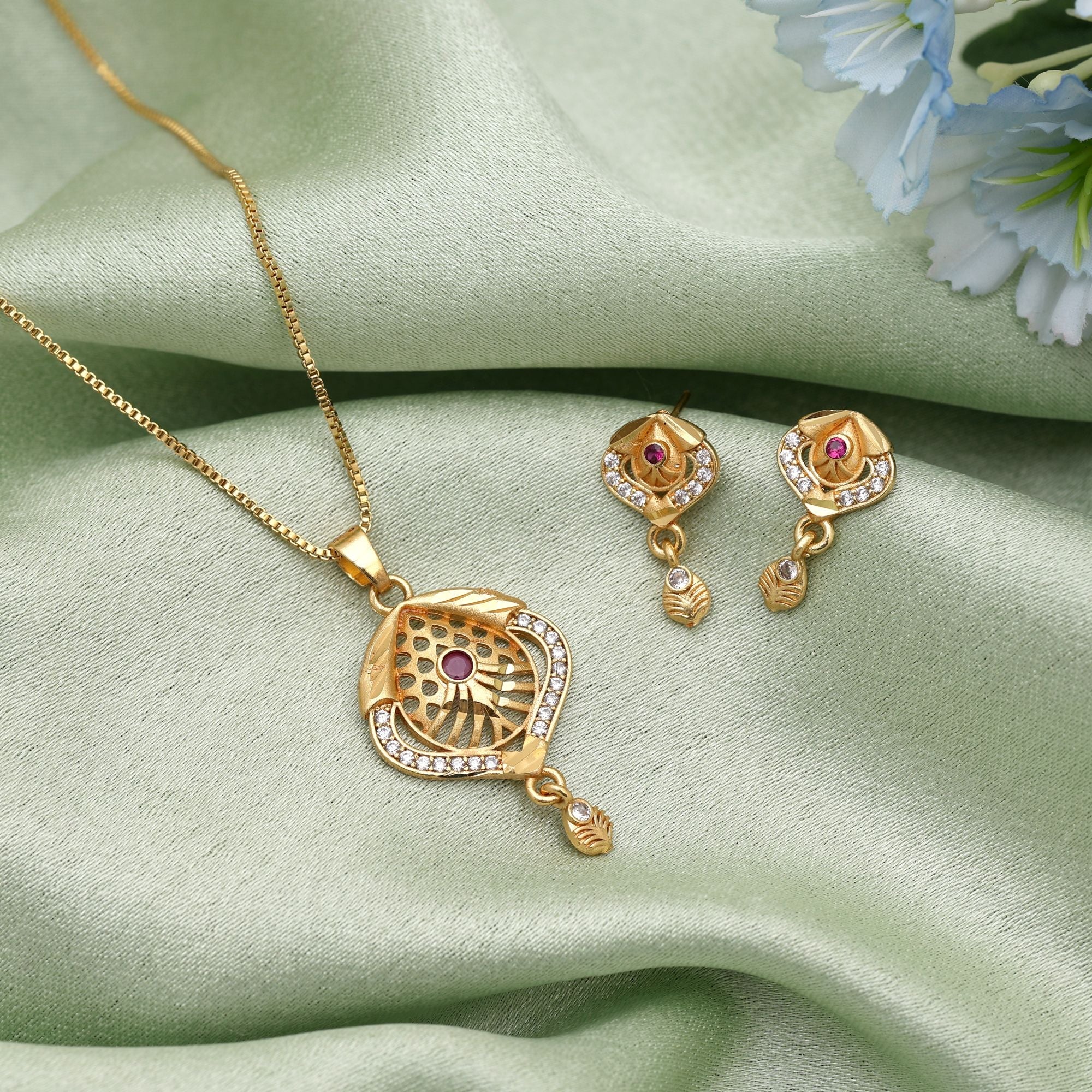 Festive Gold Ethnic Pendant & Earrings