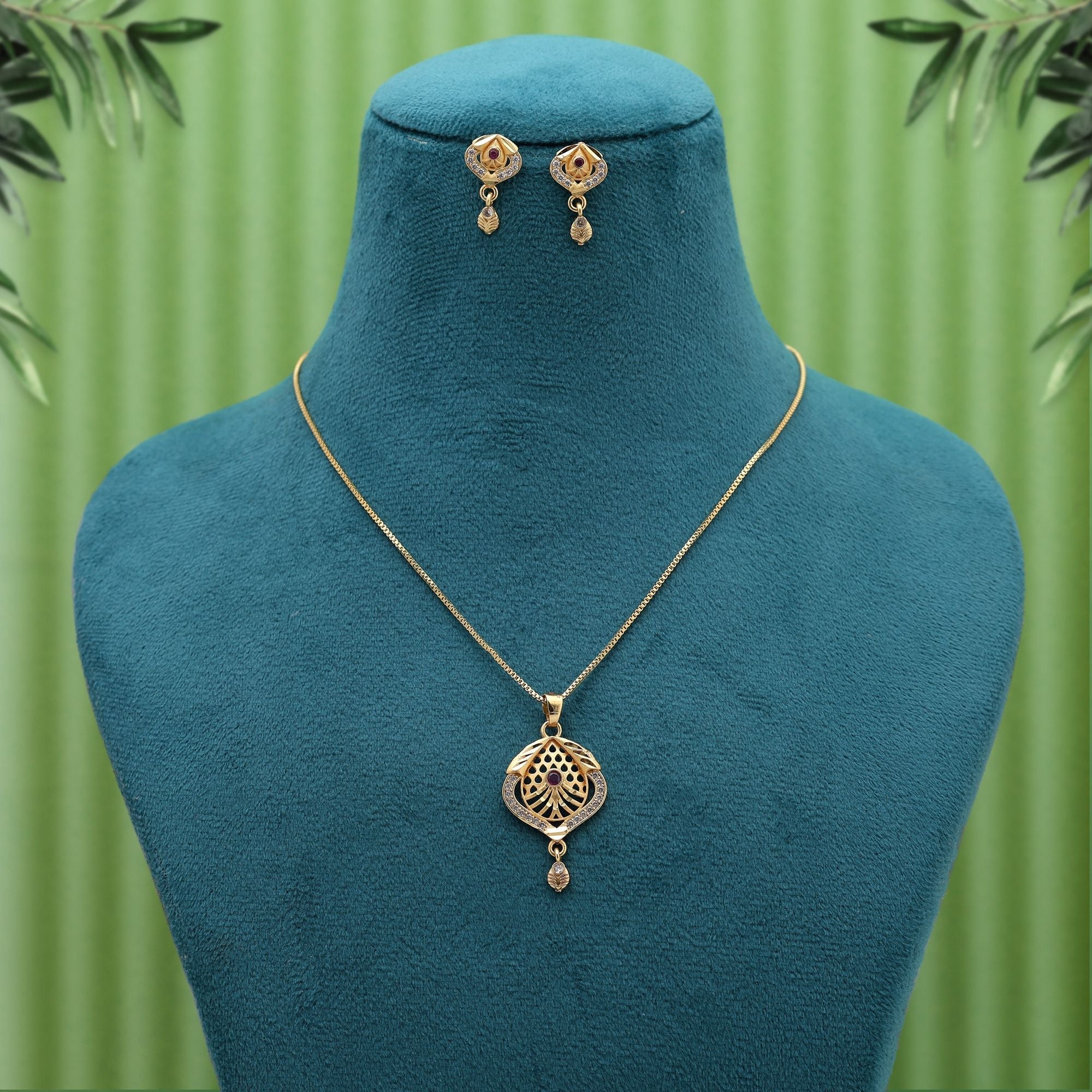 Festive Gold Ethnic Pendant & Earrings