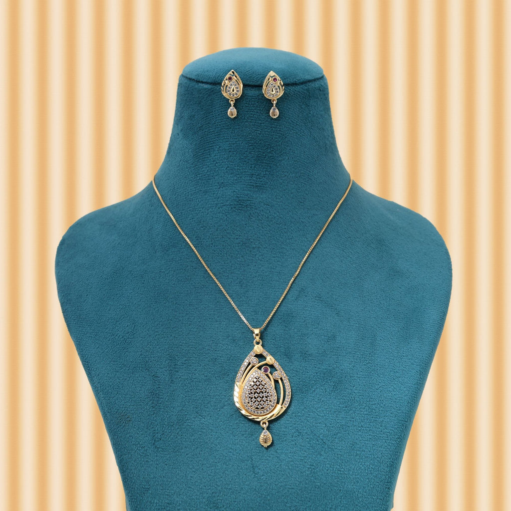 Gold Color Chain Pendant With Earring Crafted With Stylish Detailing For Festive Occasions