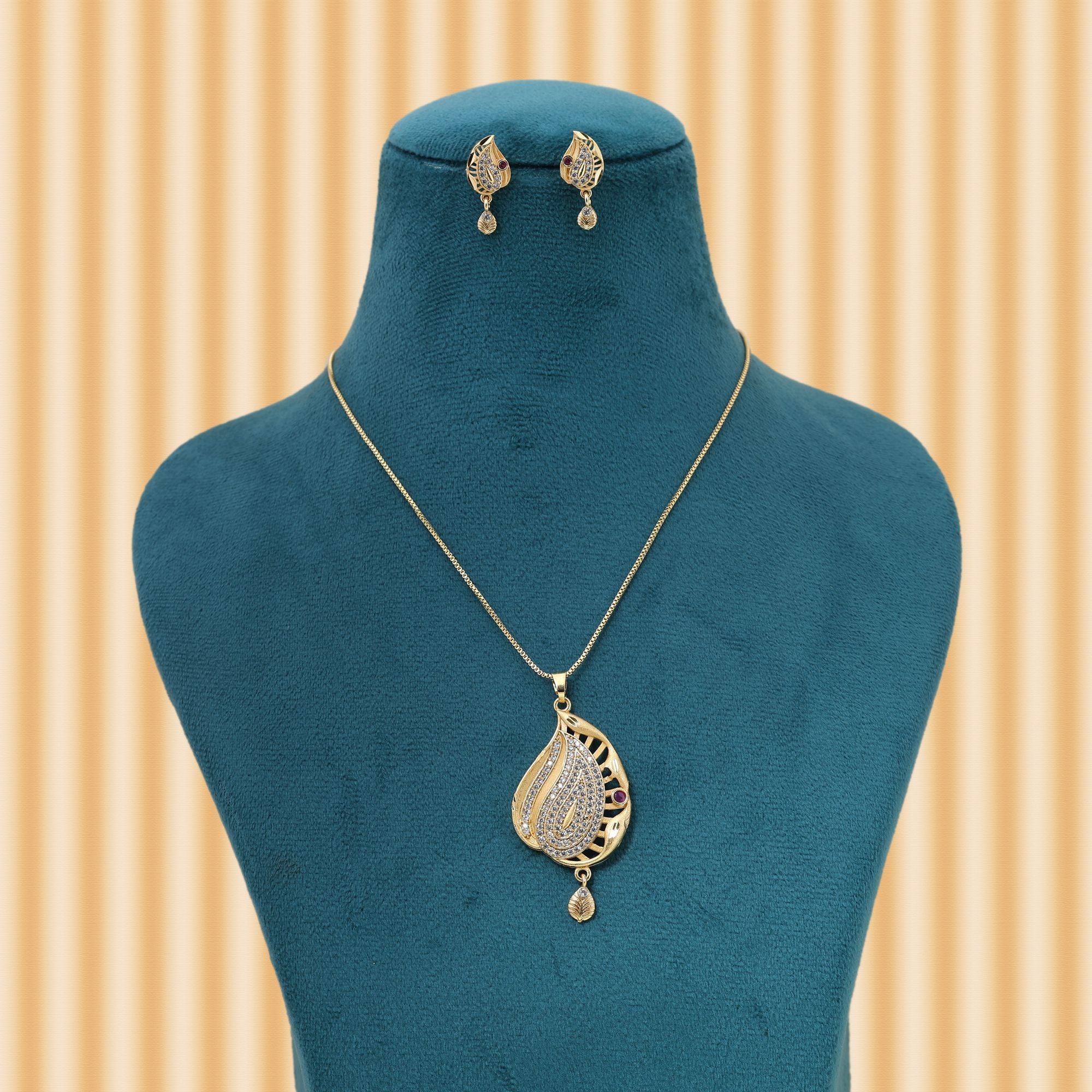 Gold Color Chain Pendant With Earring Featuring Graceful Design For Modern Traditional Outfits