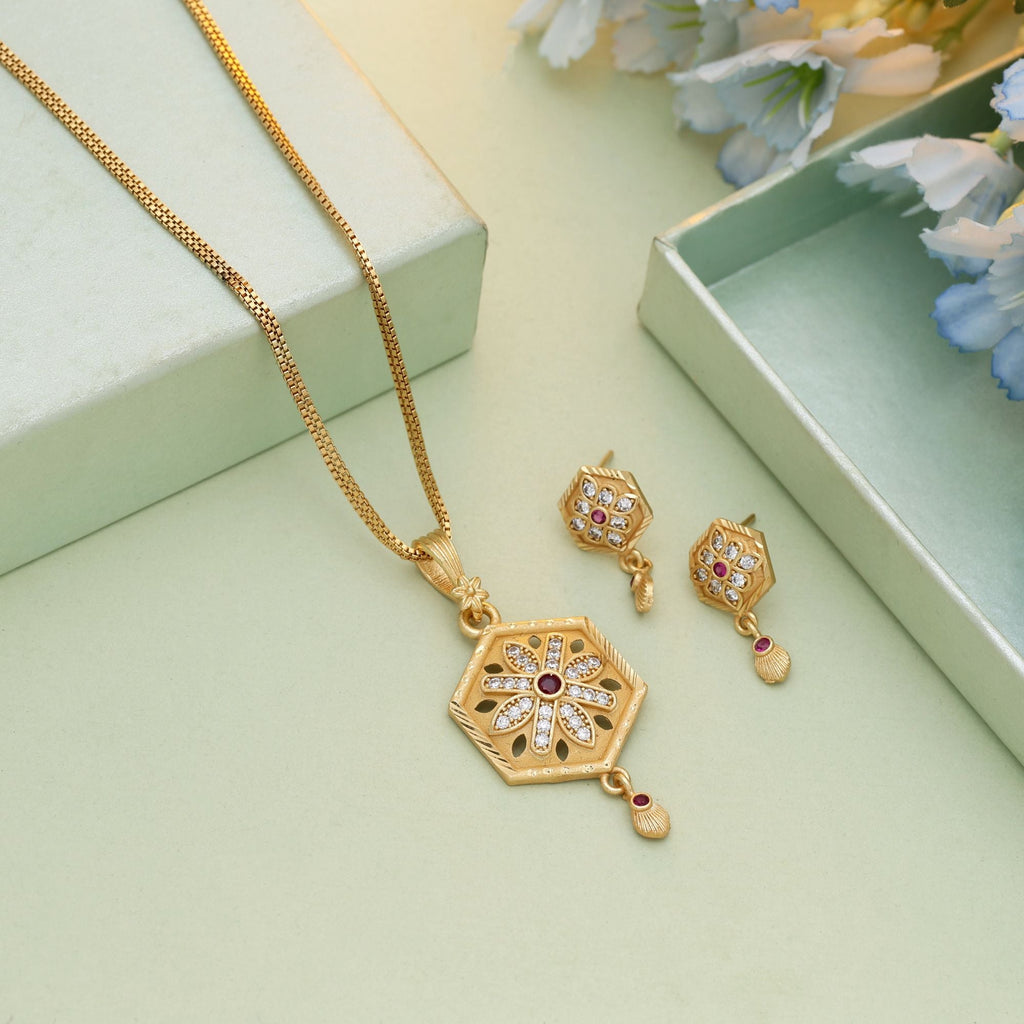 Gold Color Chain Pendant With Earring Created To Enhance Everyday Ethnic Jewelry Collections
