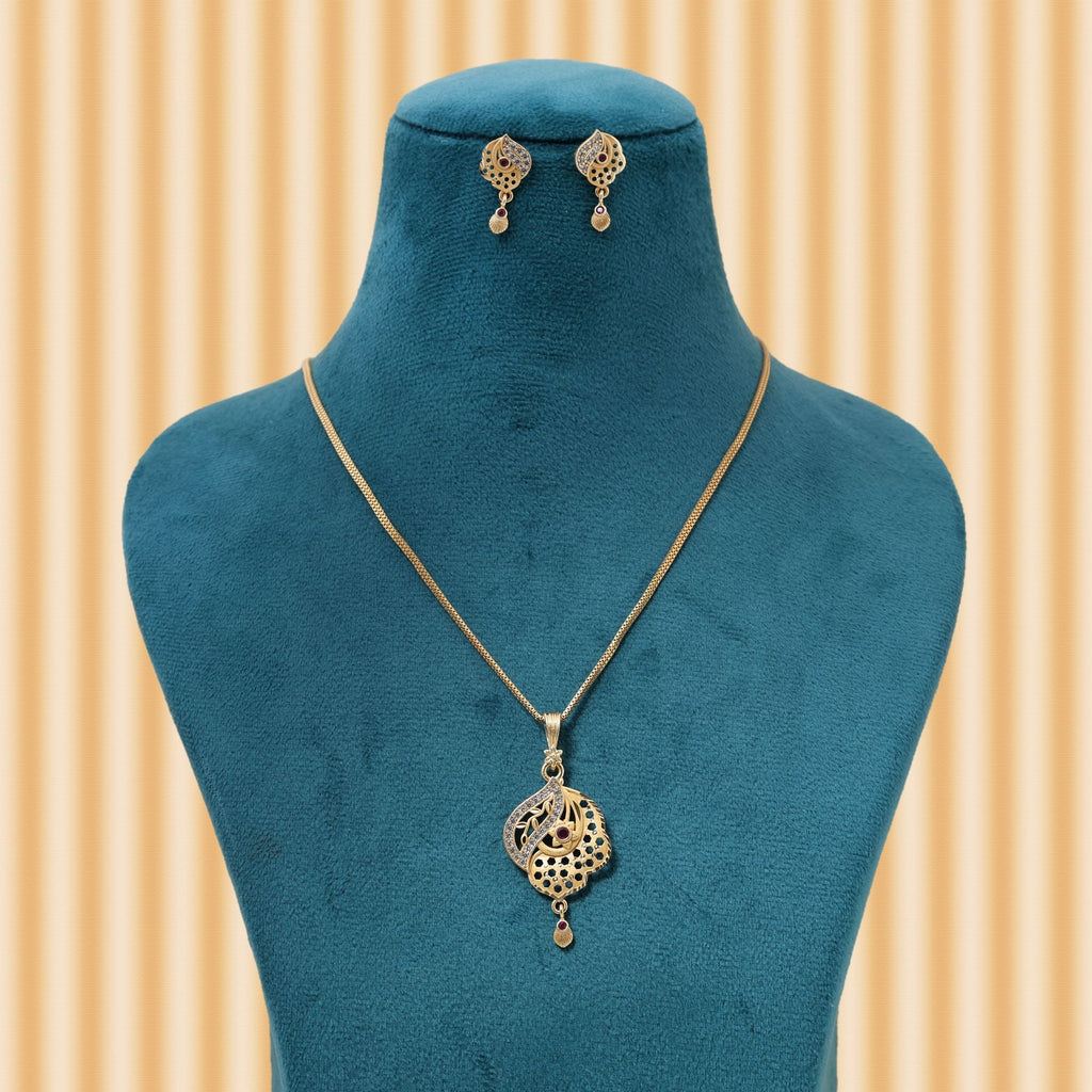 Gold Color Chain Pendant With Earring Designed For Women Who Love Minimal Traditional Jewelry