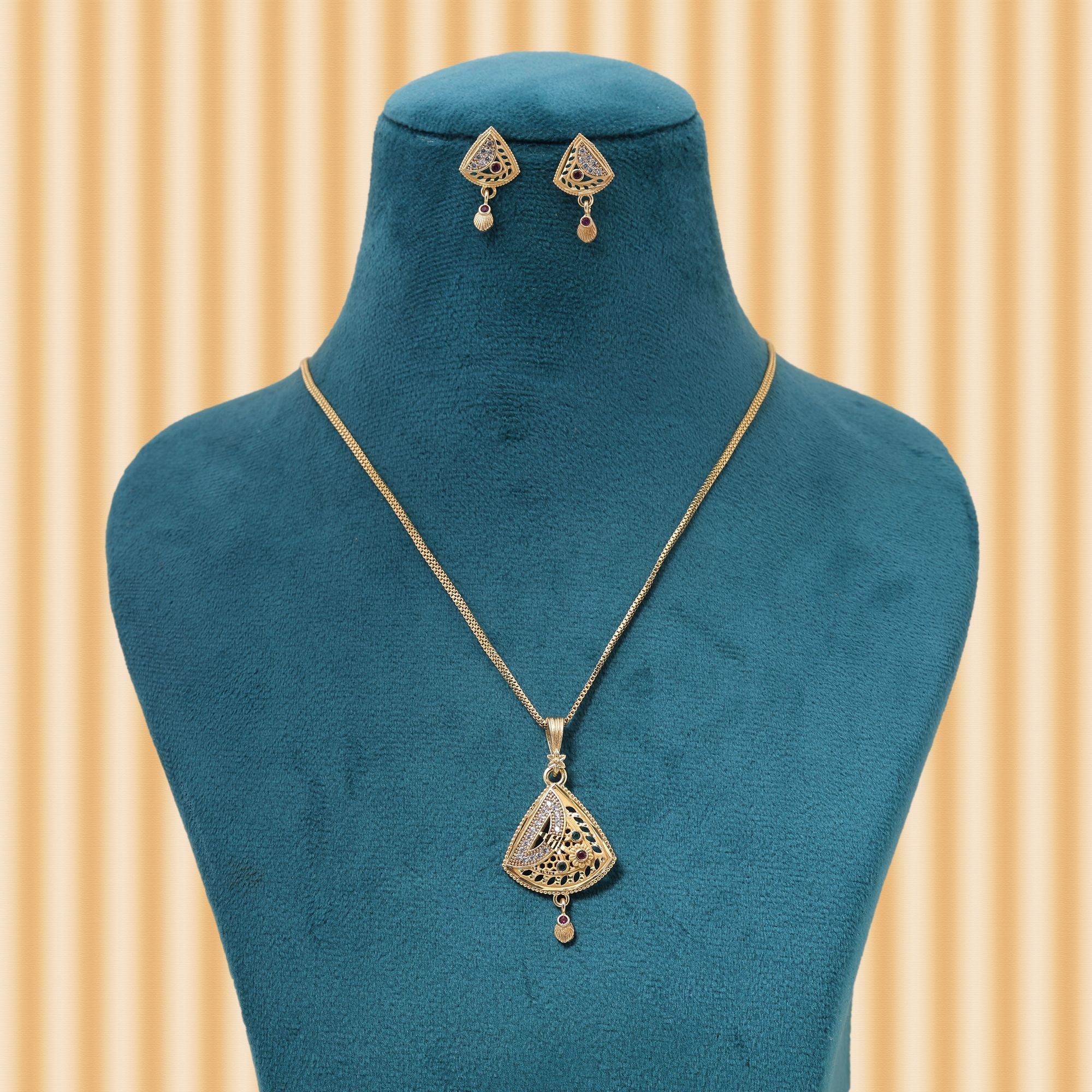 Gold Color Chain Pendant With Earring Suitable For Festive Wear And Special Occasions
