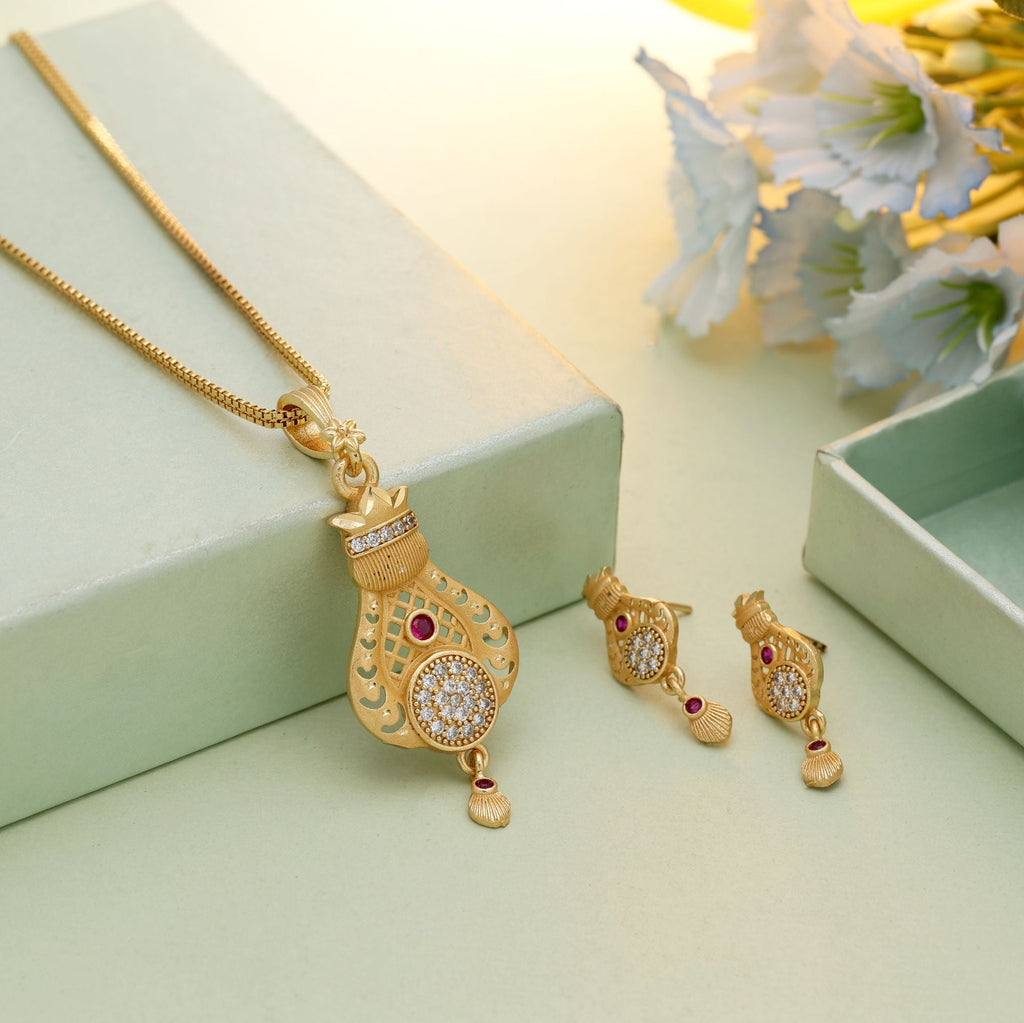 Gold Color Chain Pendant With Earring Crafted For Refined Ethnic And Contemporary Styling
