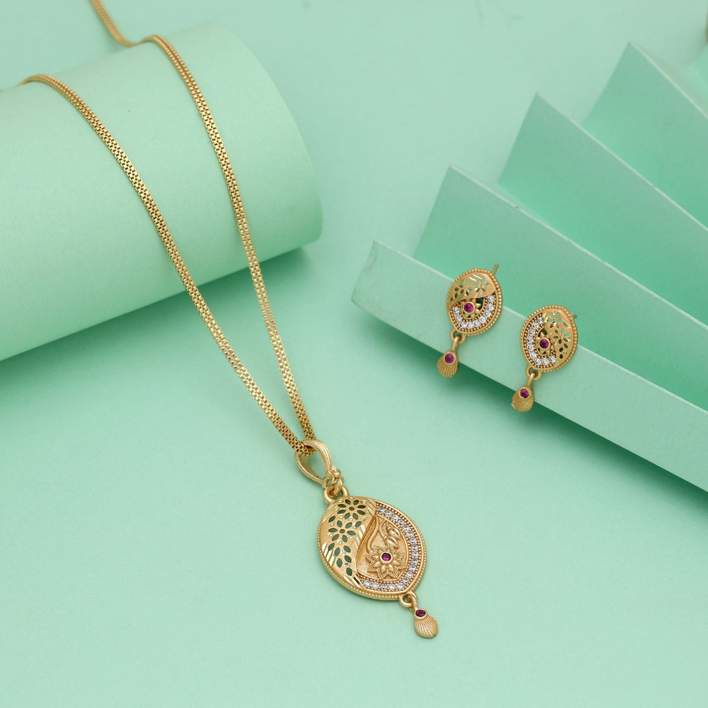 Gold Color Chain Pendant With Earring Offering Sophisticated Shine For Traditional Ensembles