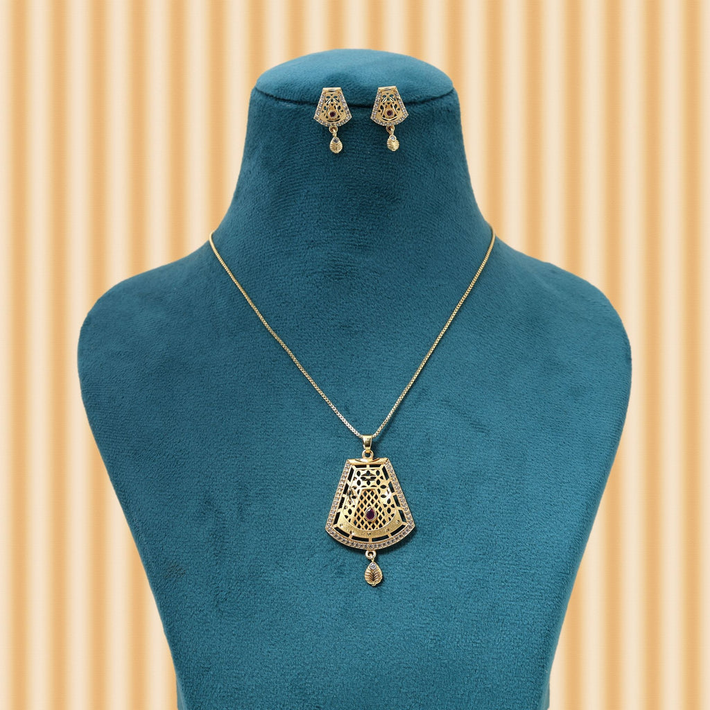 Gold Color Chain Pendant With Earring Inspired By Classic Indian Jewelry Aesthetics