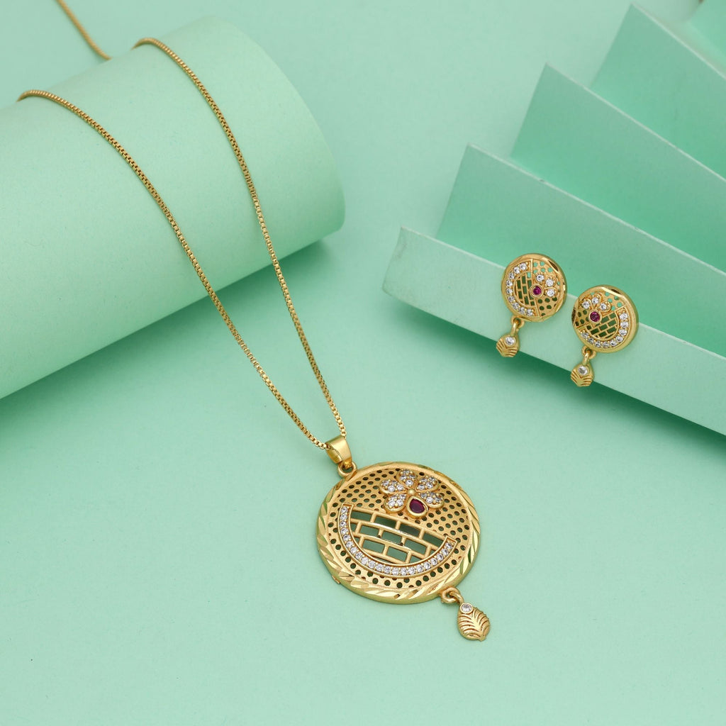 Gold Color Chain Pendant With Earring Designed To Complement Saree And Kurti Outfits