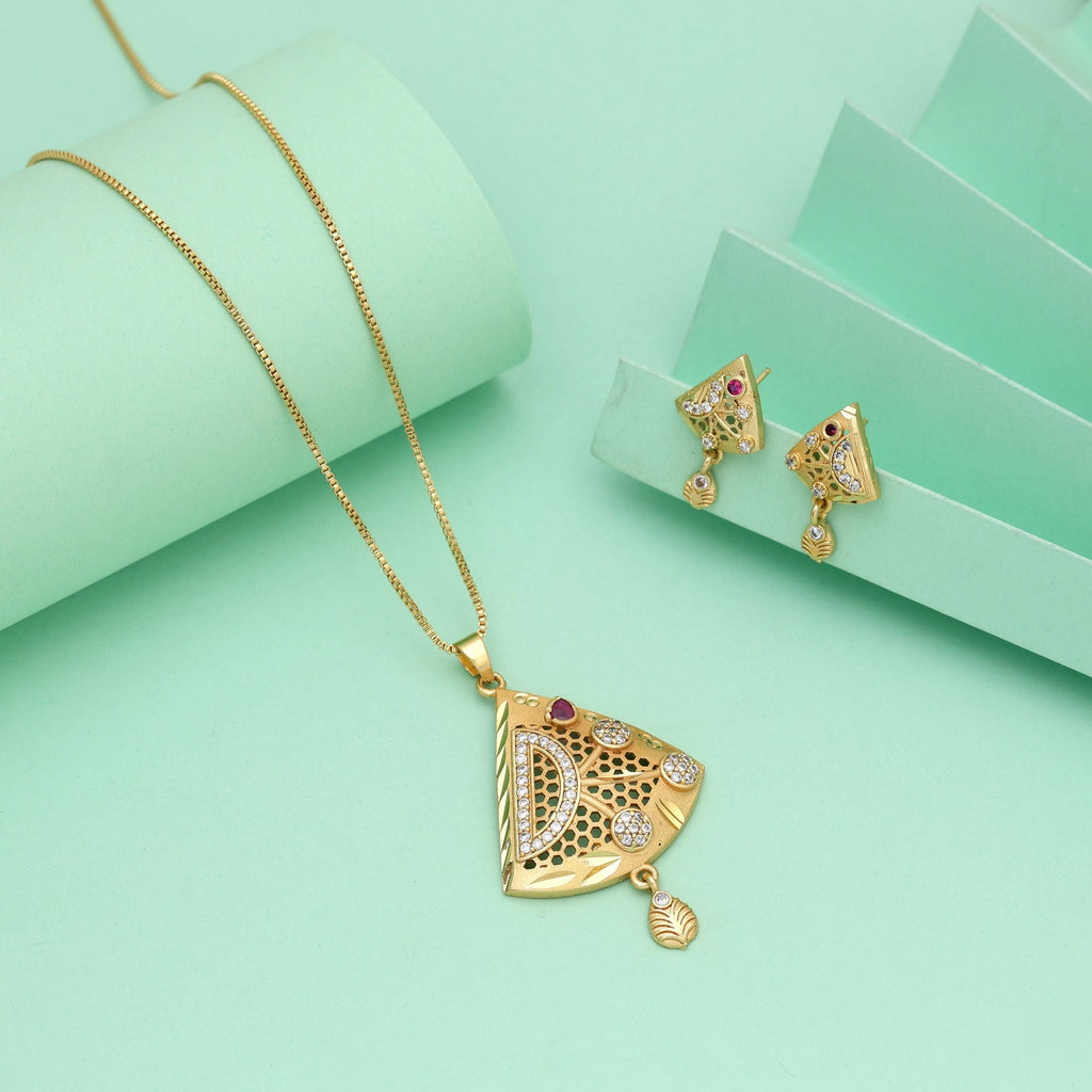Gold Color Chain Pendant With Earring Crafted For Daily Wear And Festive Elegance