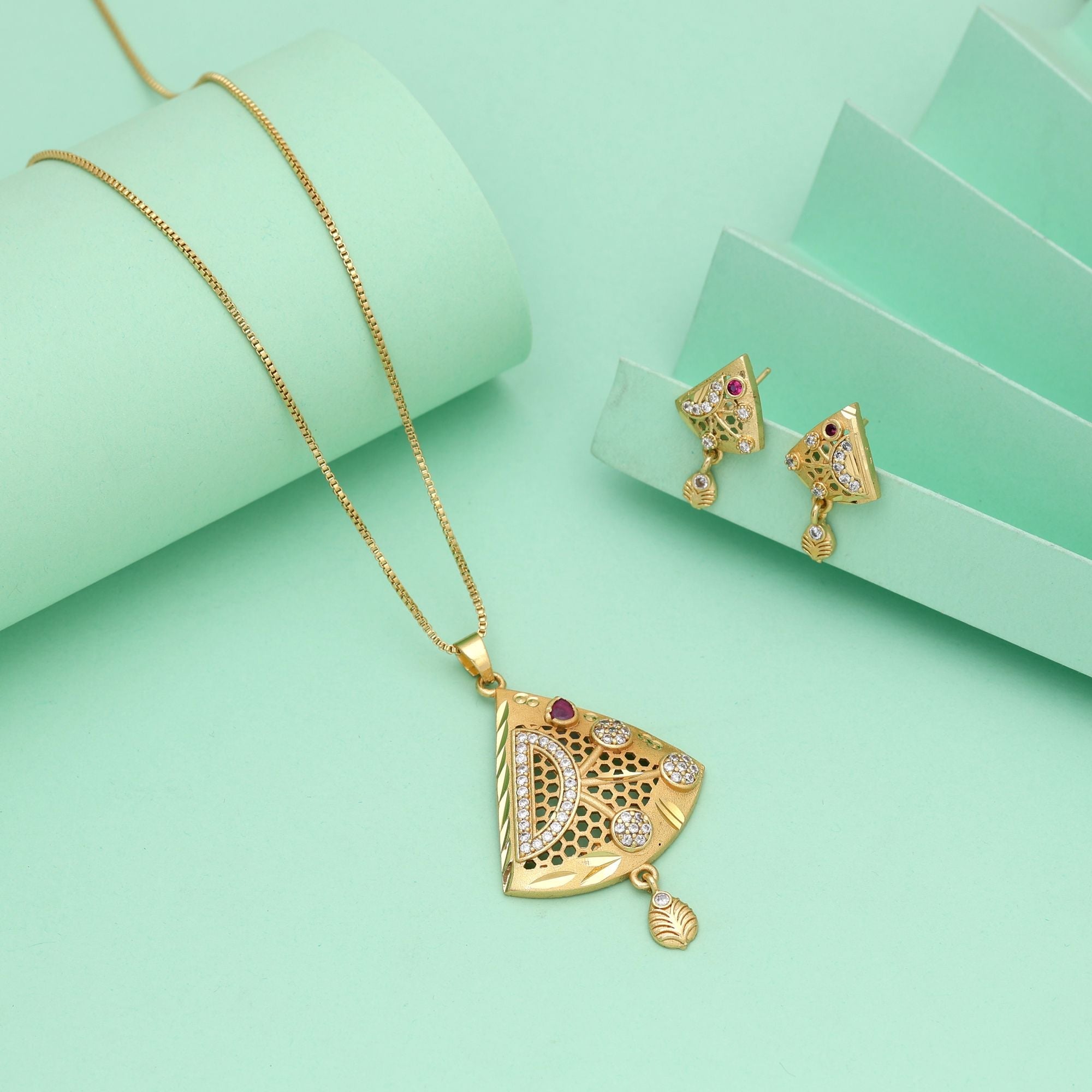 Gold Color Chain Pendant With Earring Crafted For Daily Wear And Festive Elegance