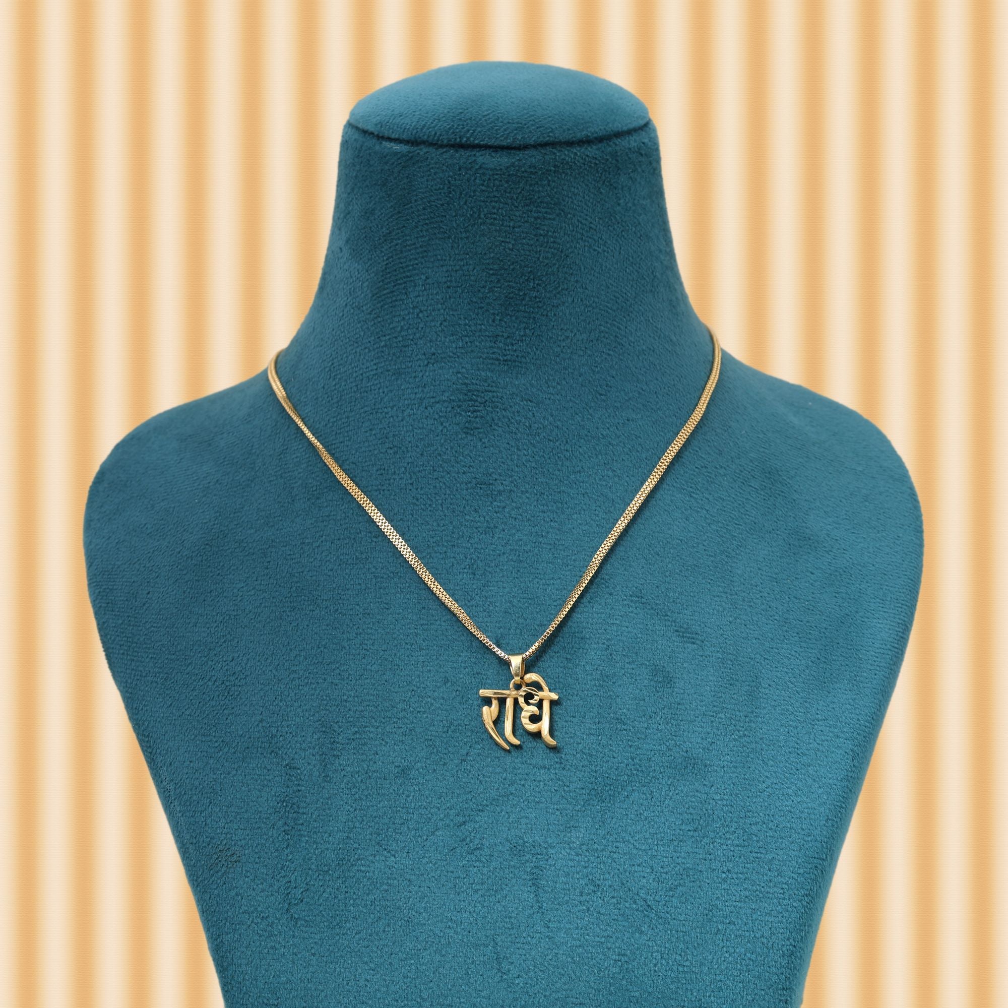 Gold Color Chain Pendant Showcasing Shri Radhe Name For Devotional Fashion