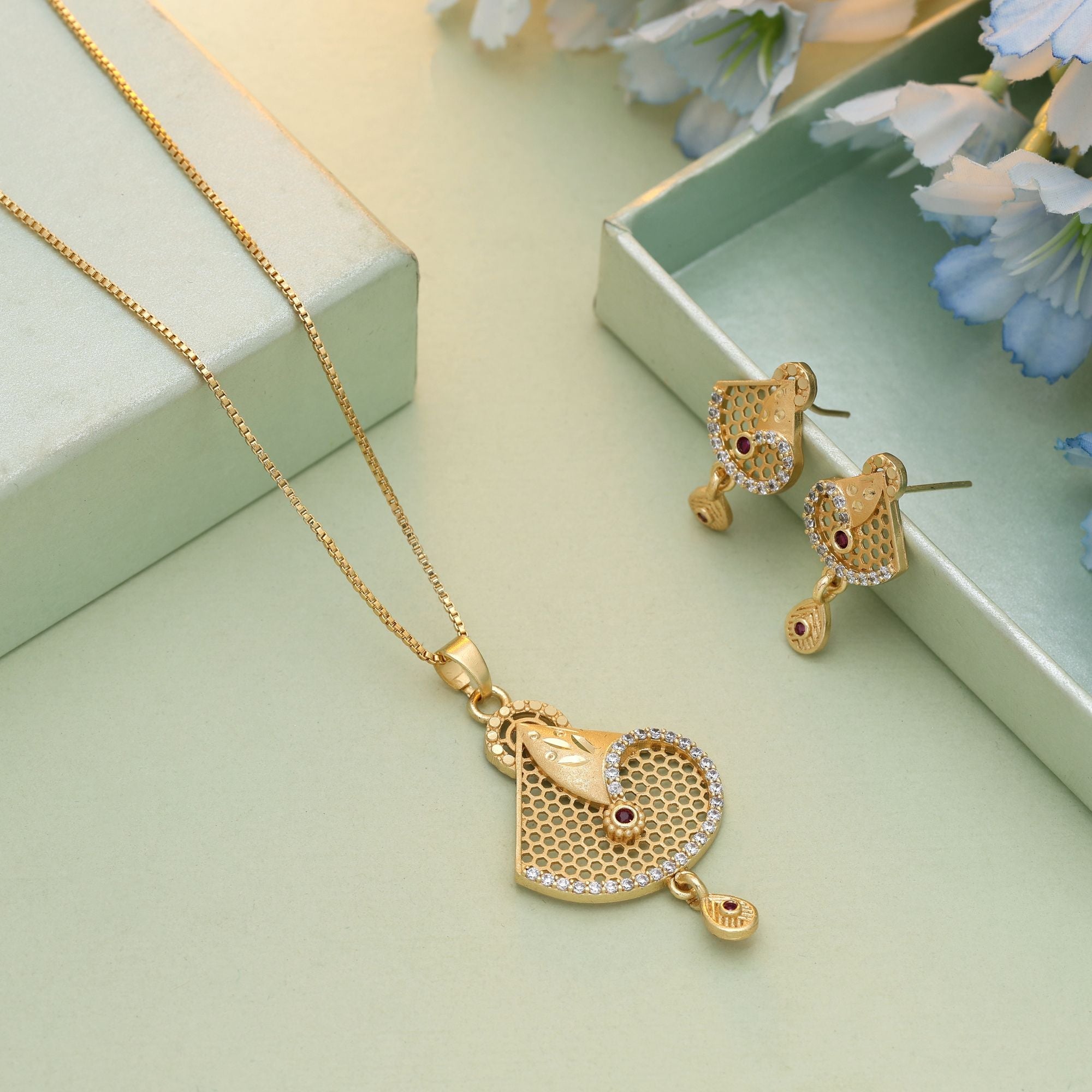 Gold Color Chain Pendant With Earring Offering Elegant Charm For Traditional Gatherings