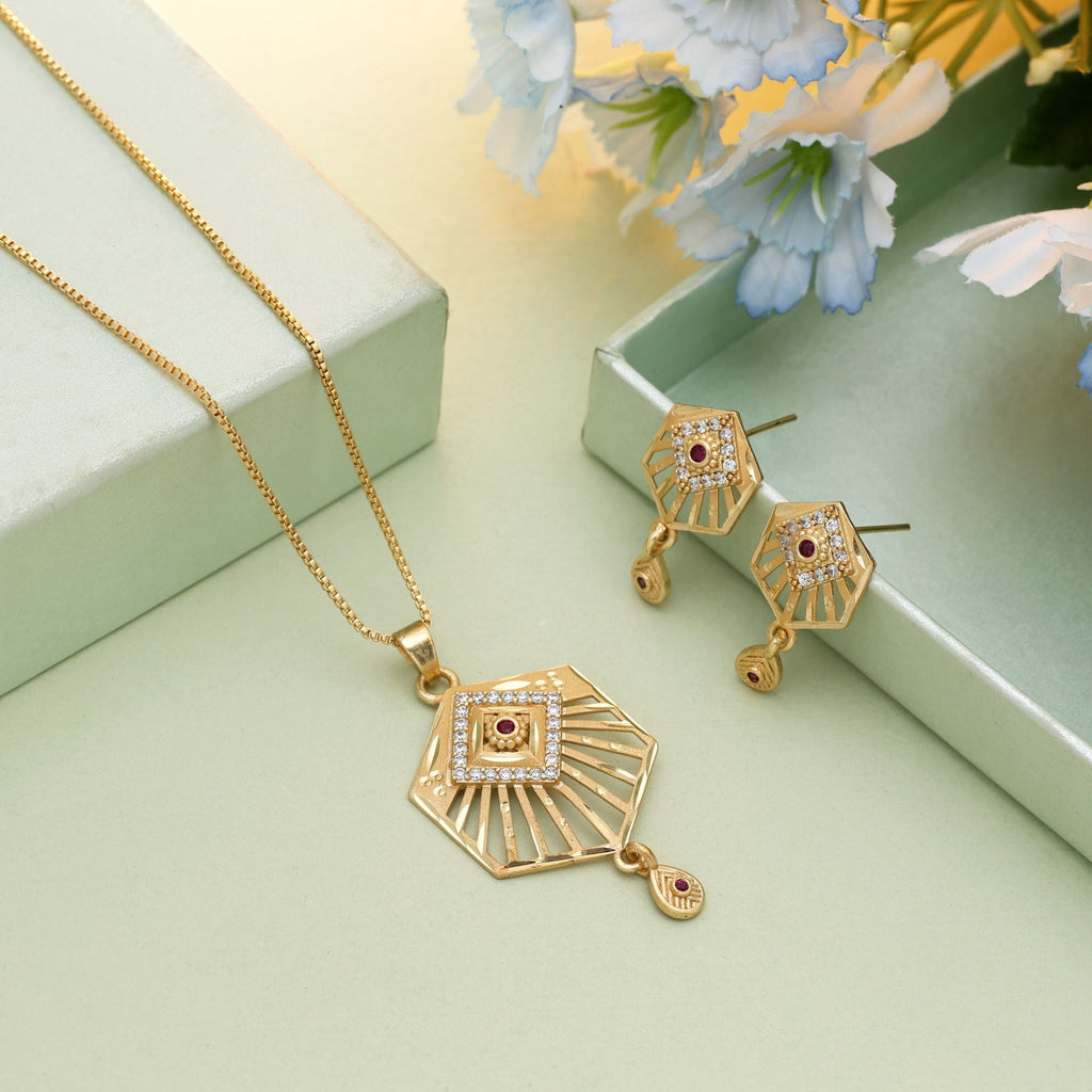 Gold Color Chain Pendant With Earring Featuring Premium Finish For Festive Celebrations
