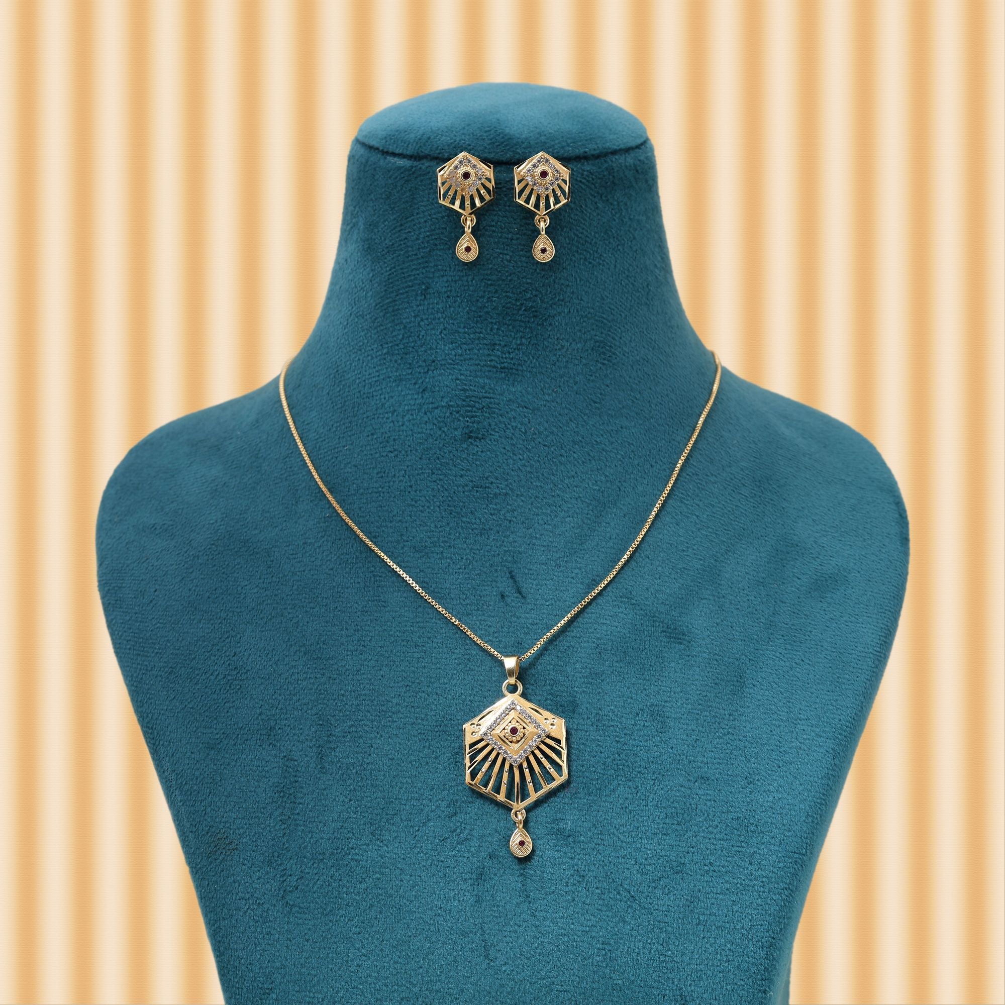 Gold Color Chain Pendant With Earring Featuring Premium Finish For Festive Celebrations