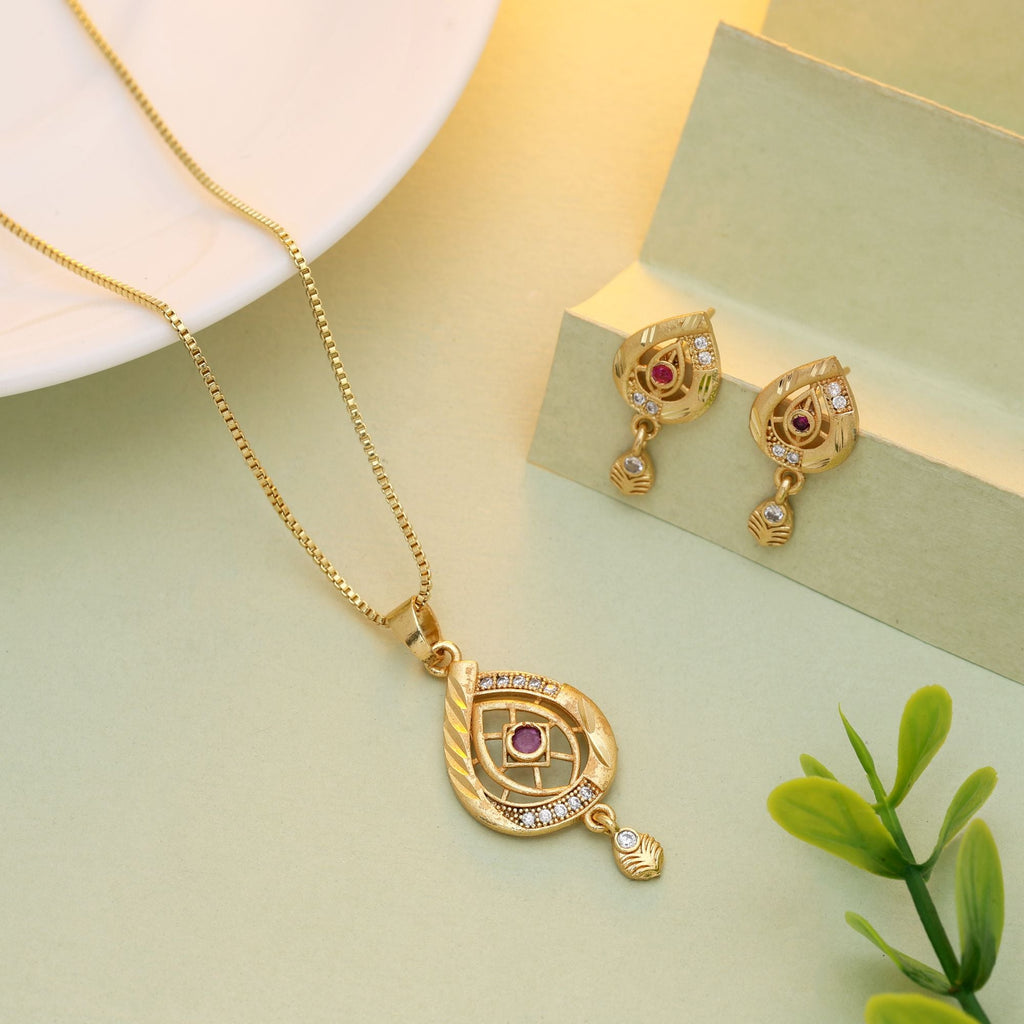 Gold Color Chain Pendant With Earring Perfect For Pairing With Traditional Indian Attire