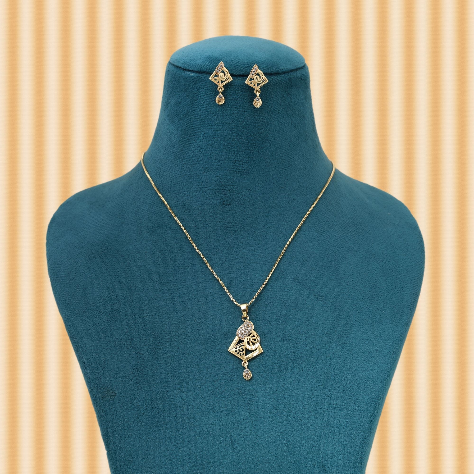 Gold Color Chain Pendant With Earring Designed For Sophisticated Everyday Ethnic Styling