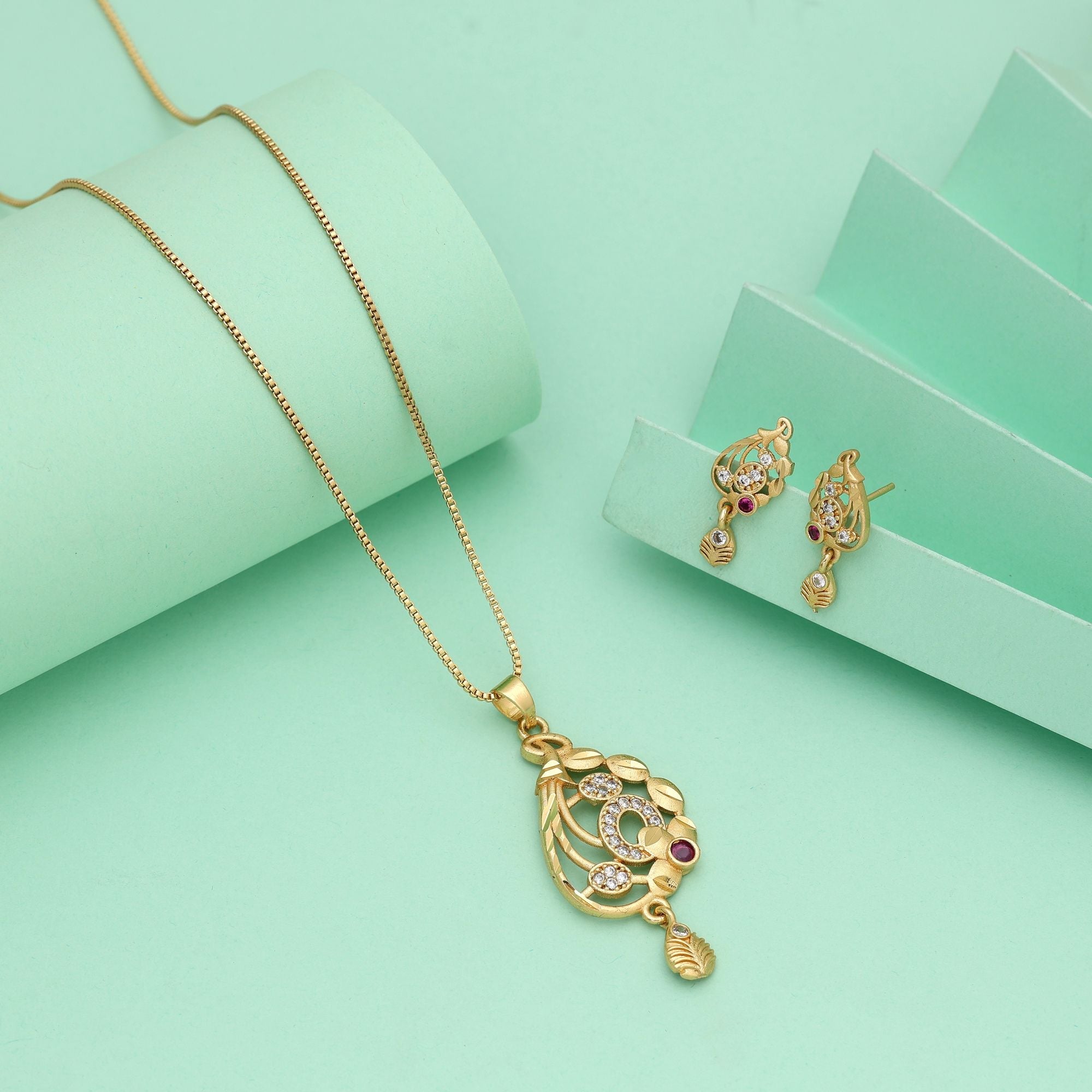 Gold Color Chain Pendant With Earring Inspired By Classic Indian Ornament Designs