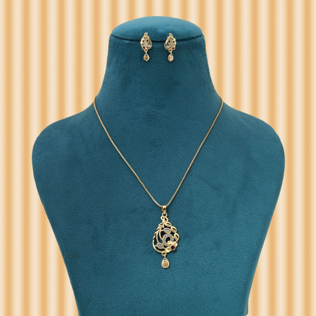 Gold Color Chain Pendant With Earring Inspired By Classic Indian Ornament Designs