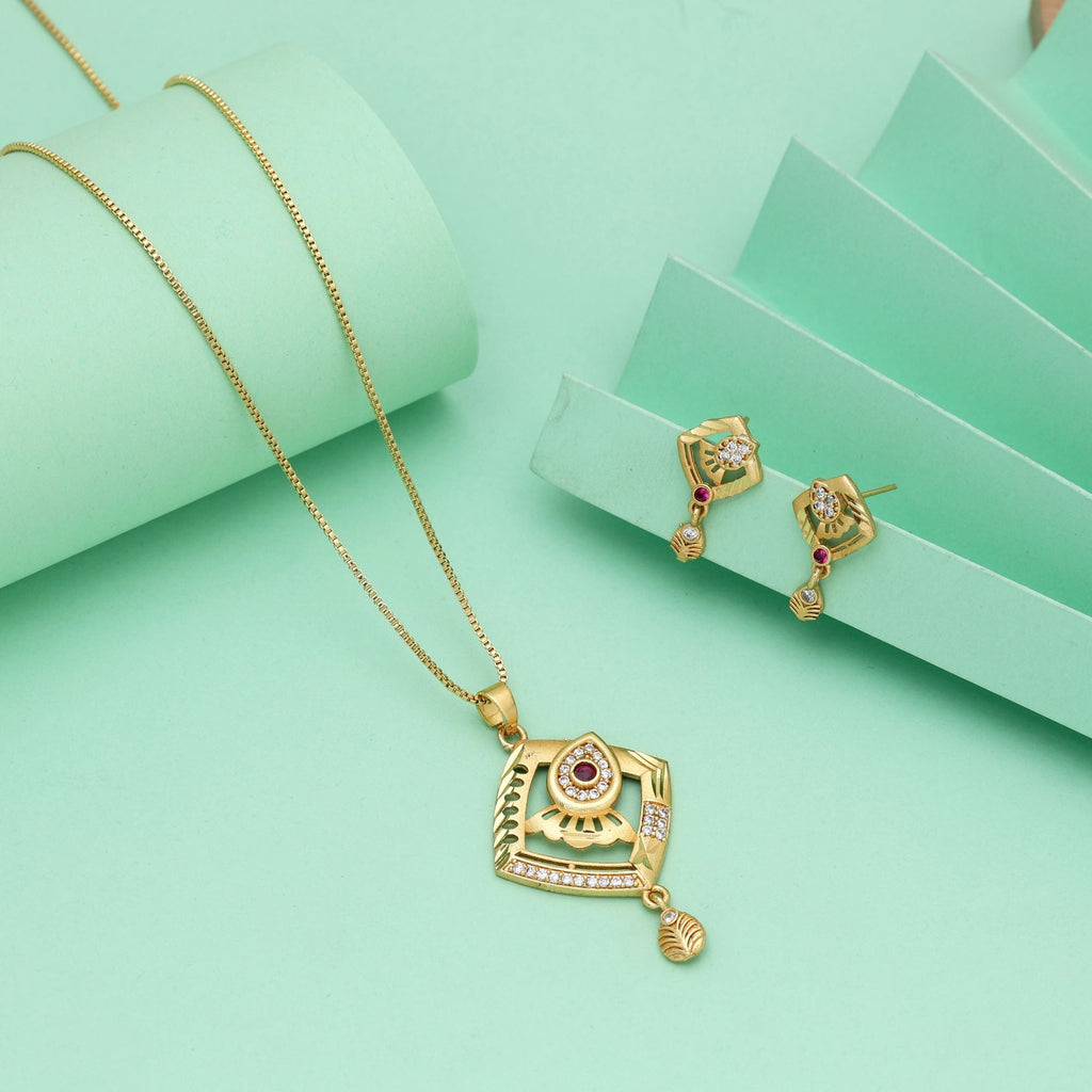 Gold Color Chain Pendant With Earring Crafted For Stylish Yet Simple Daily Wear