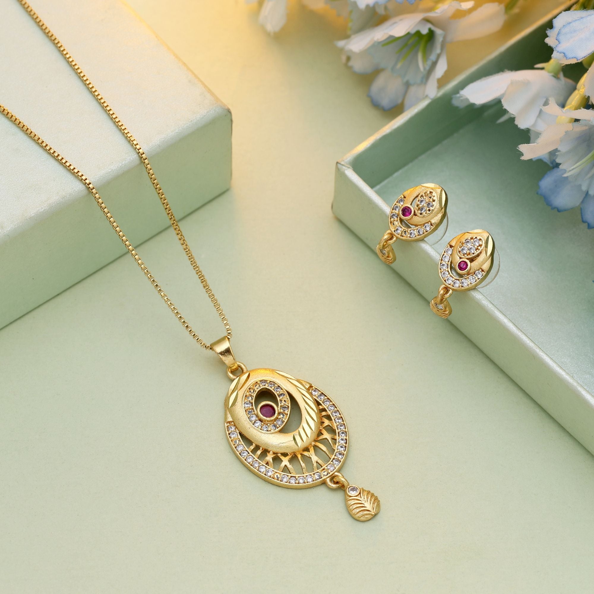 Gold Color Chain Pendant With Earring Designed To Complement Modern Ethnic Outfits