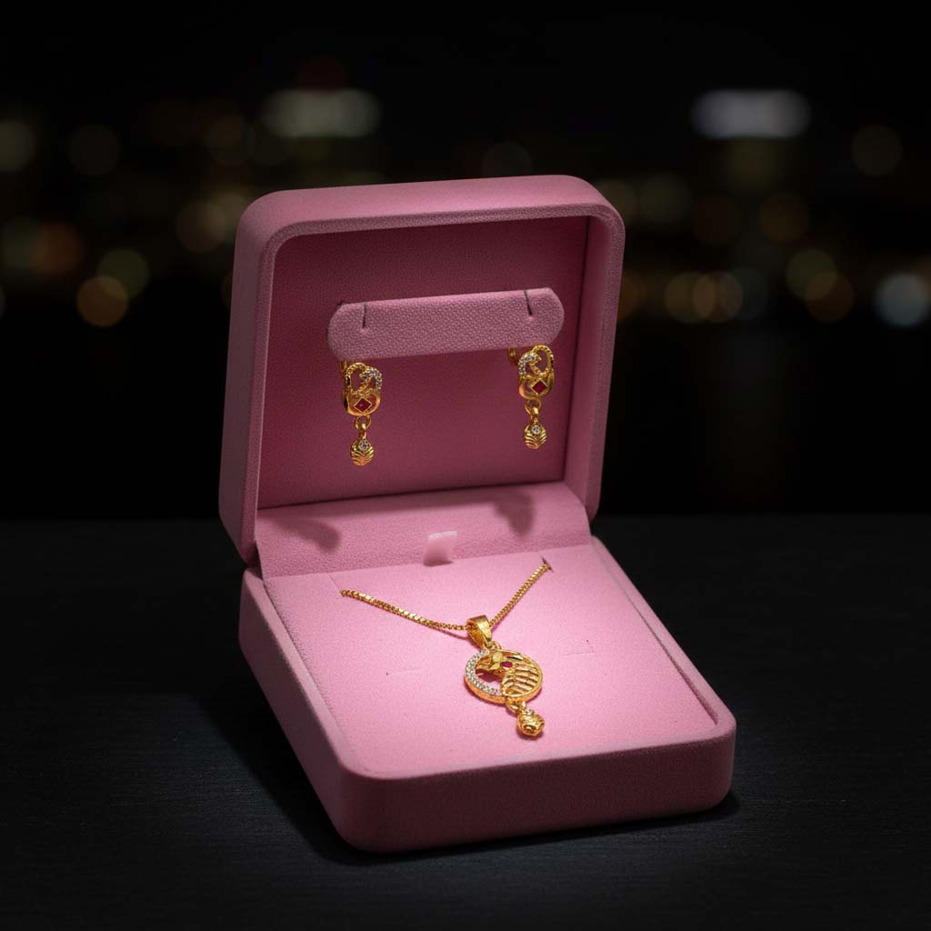 Gold Color Chain Pendant With Earring Designed For Versatile Traditional Jewelry Use