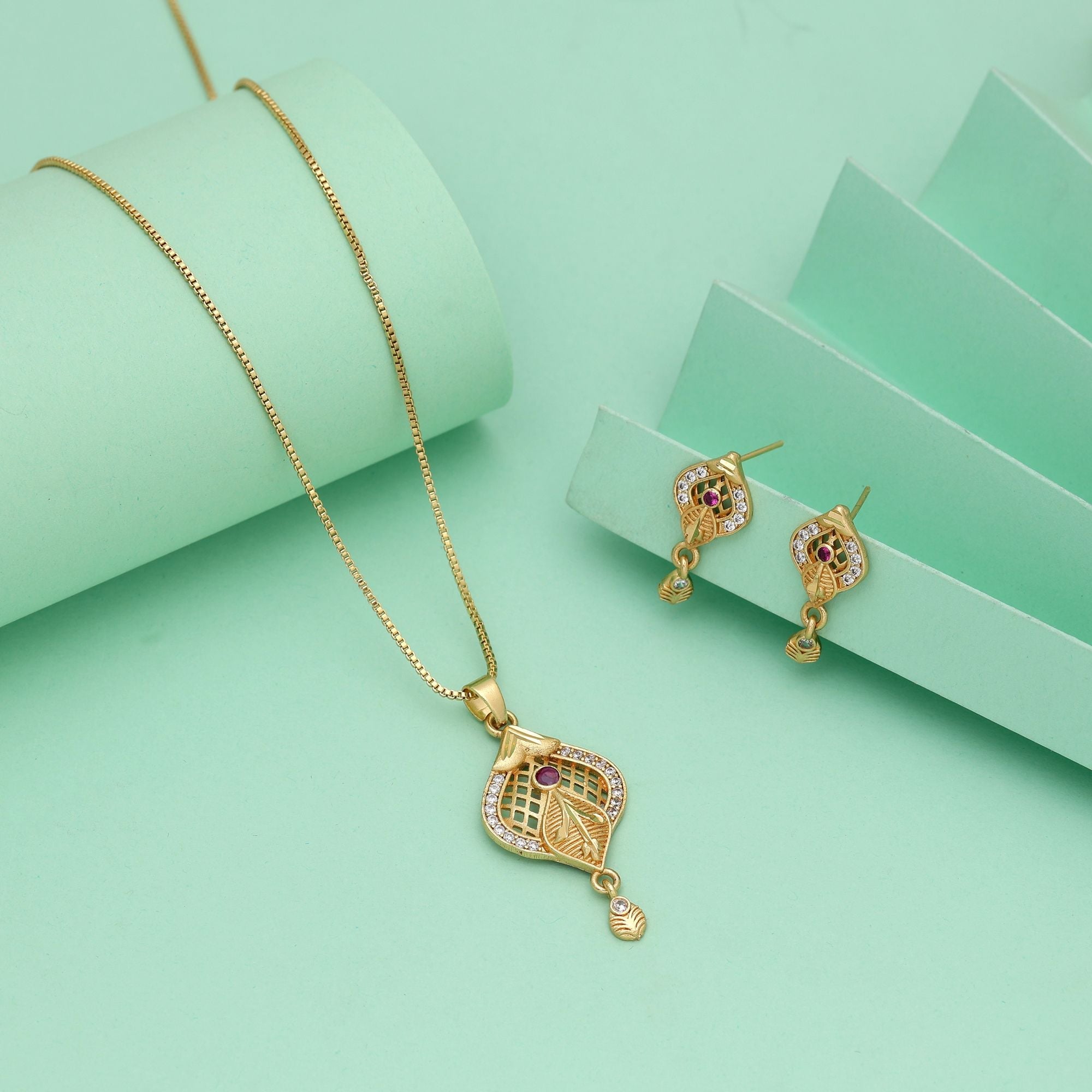 Gold Color Chain Pendant With Earring Crafted For Long Lasting Traditional Beauty