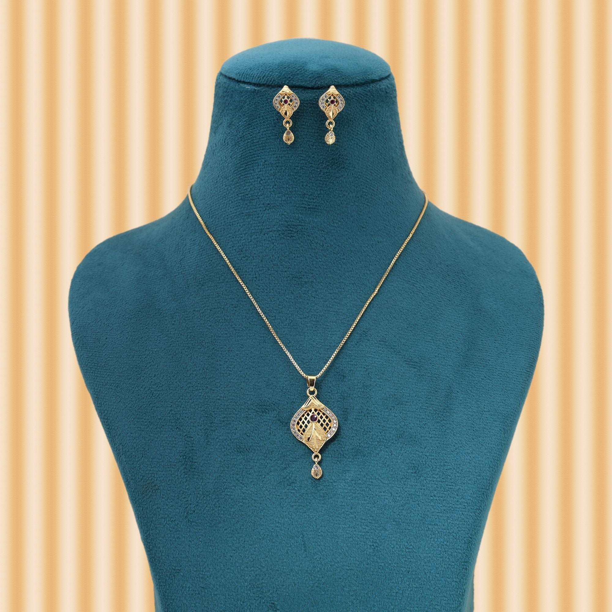 Gold Color Chain Pendant With Earring Crafted For Long Lasting Traditional Beauty