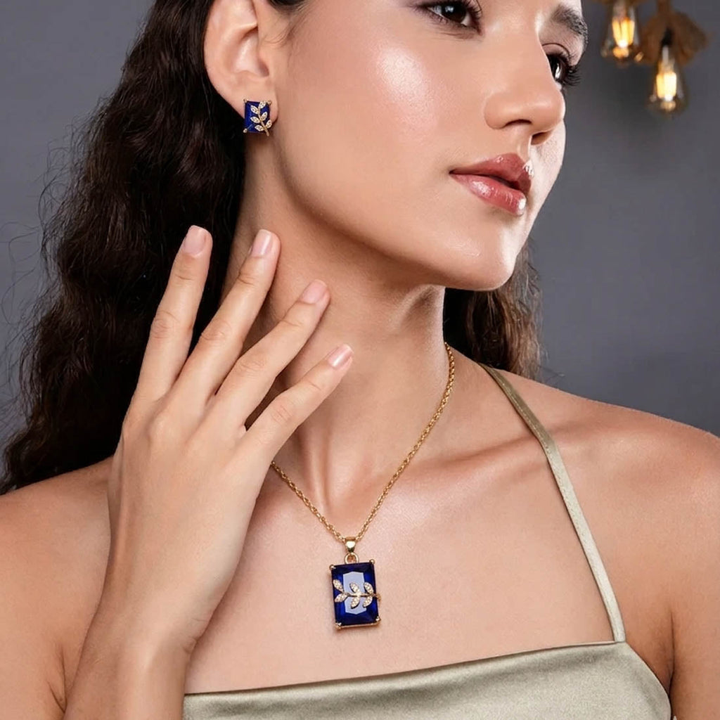 Blue Chain Pendant Set with Earrings