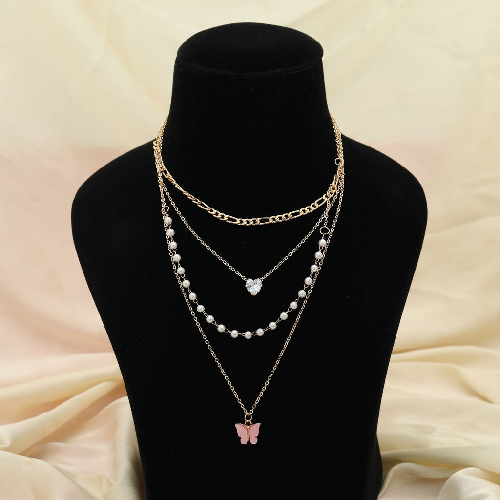 Pink Color Multi Layer Chain Necklace Feminine Style