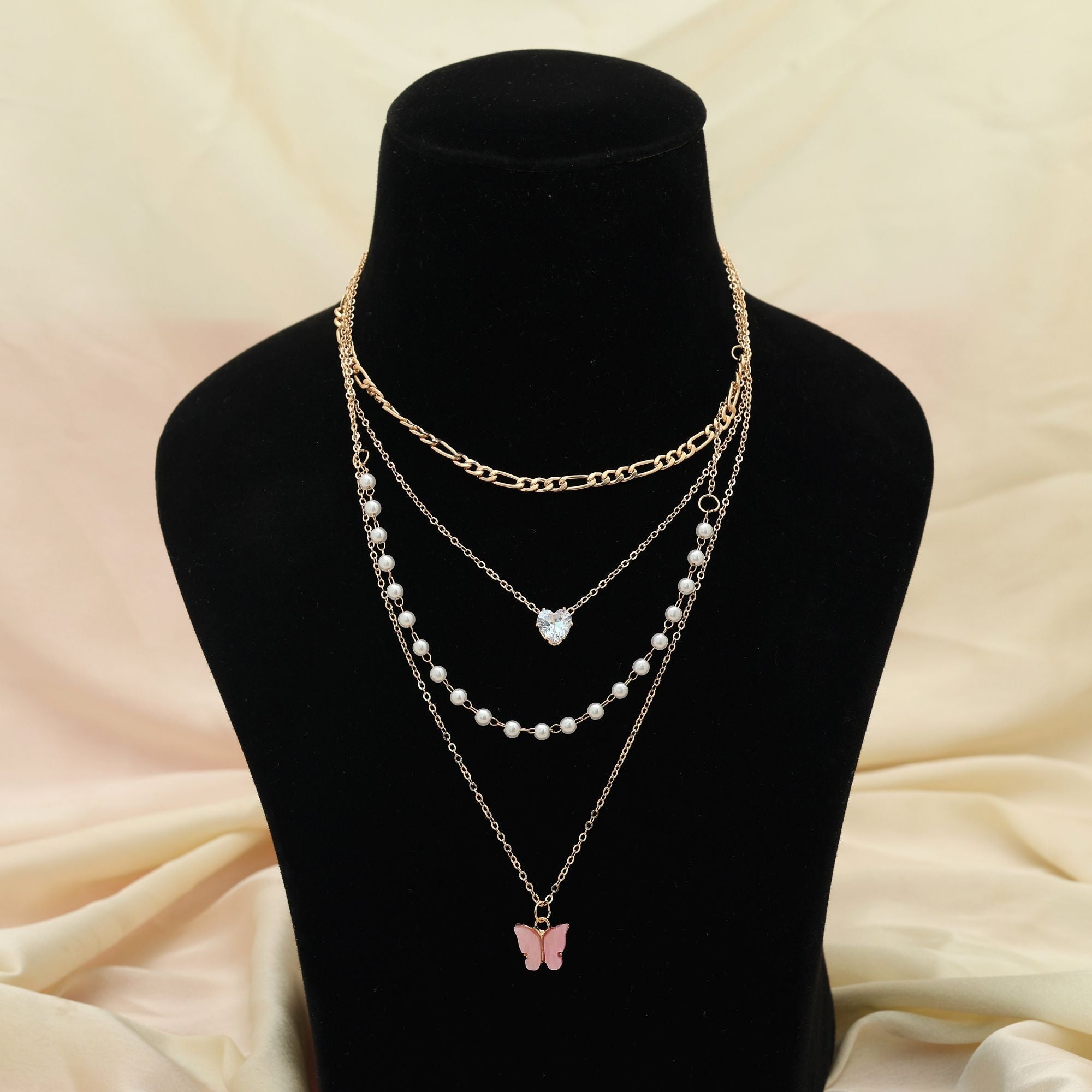 Pink Color Multi Layer Chain Necklace Feminine Style