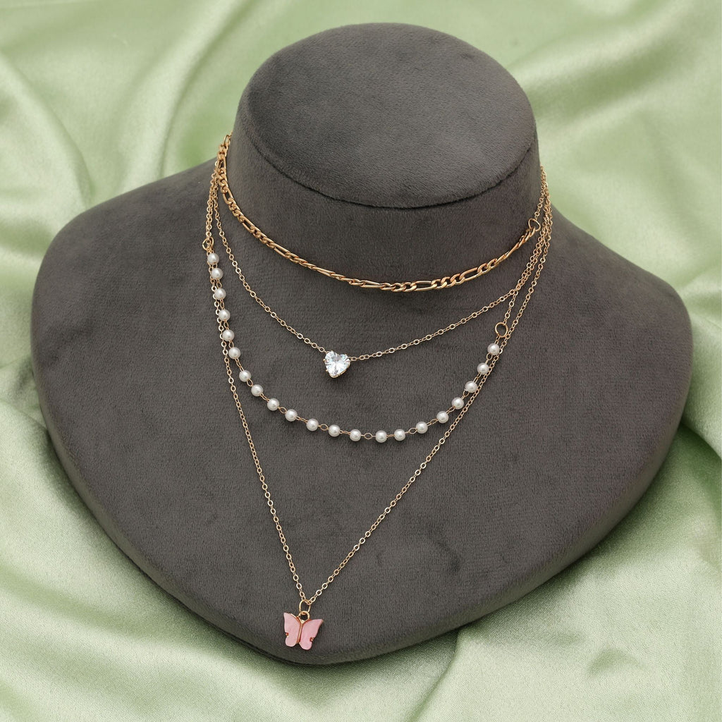 Pink Color Multi Layer Chain Necklace Feminine Style