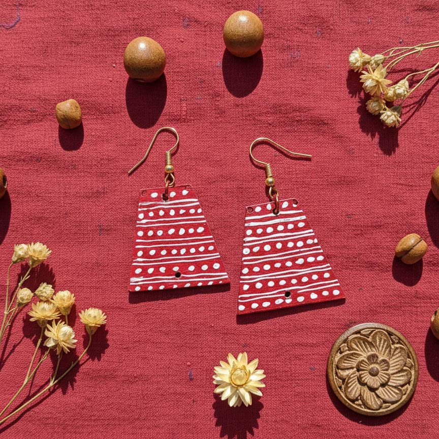 Red Color Wooden Handcraft Earrings With Minimalist Look For Ethnic Outfits