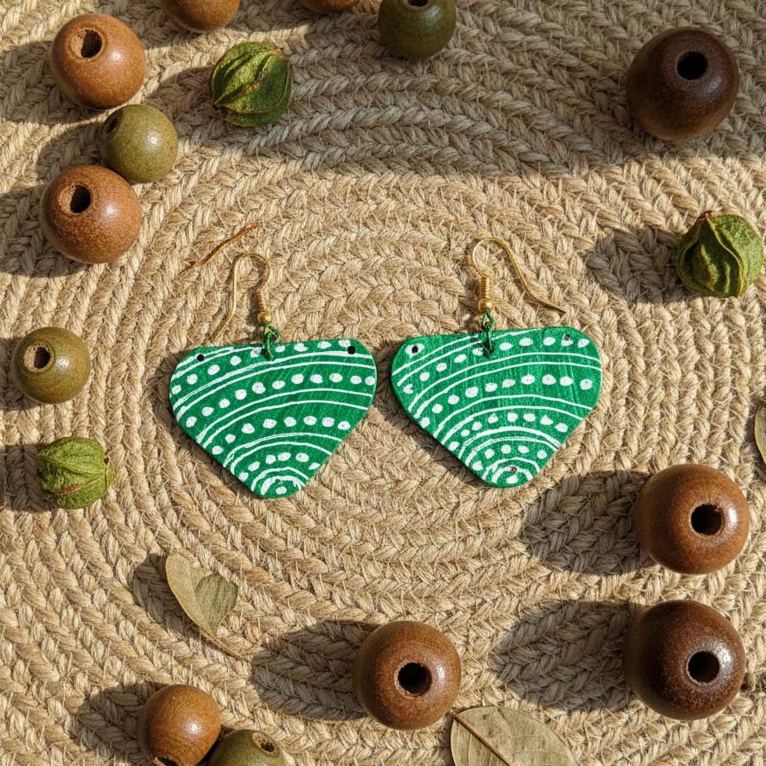 Green Color Wooden Handcraft Earrings With Handmade Artistic Touch And Cultural Appeal