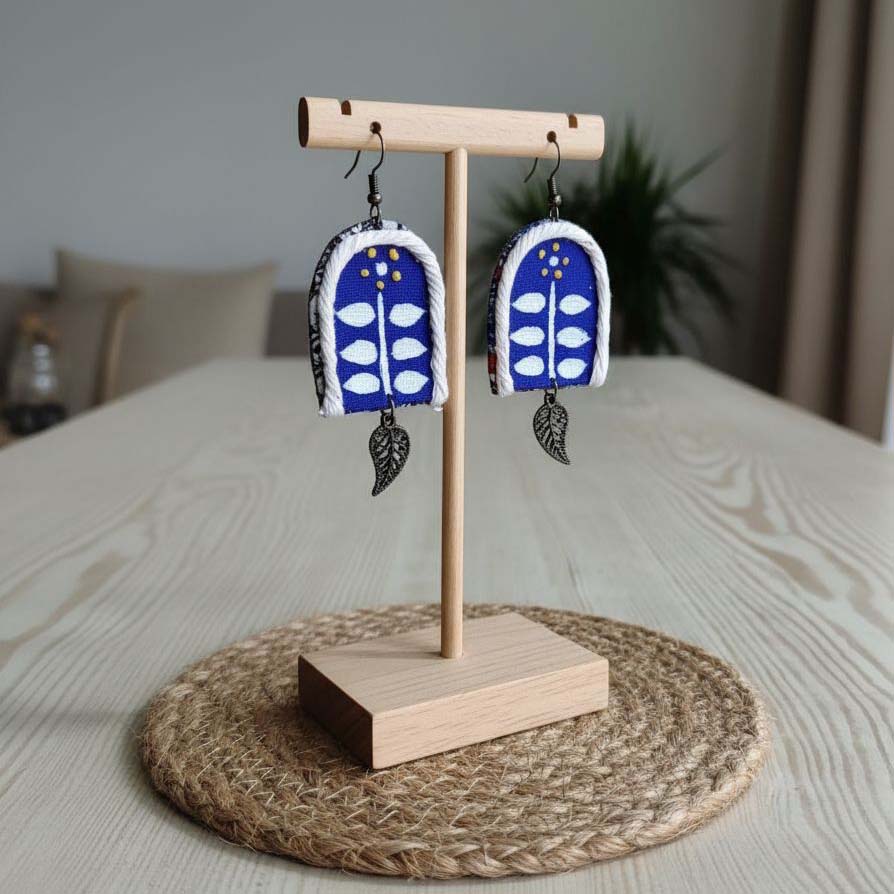 Blue Color Wooden Handcraft Earrings Designed With Handcrafted Tribal Inspired Carved Wooden Patterns