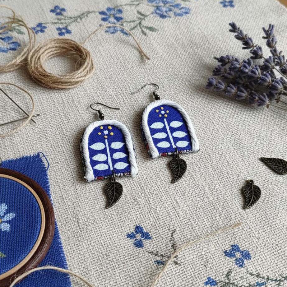 Blue Color Wooden Handcraft Earrings Designed With Handcrafted Tribal Inspired Carved Wooden Patterns