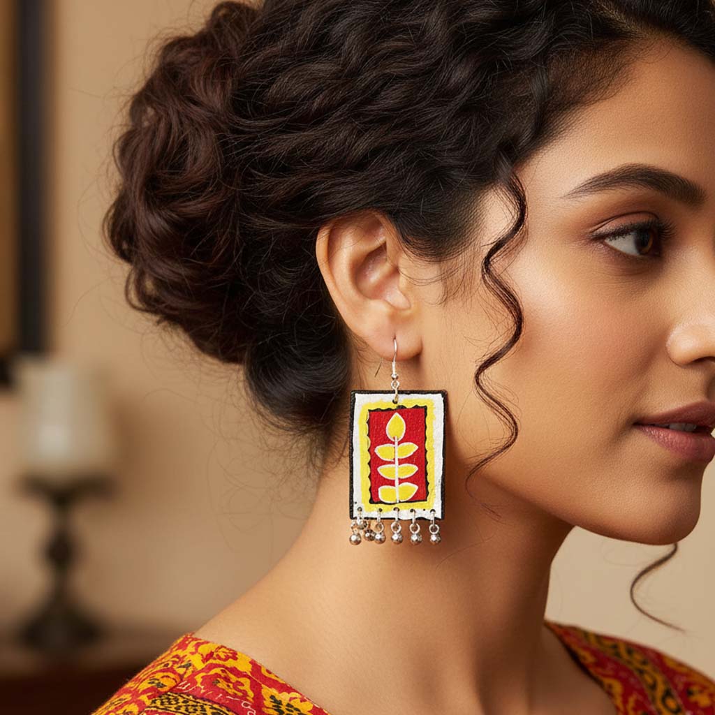 Red & Yellow Color Wooden Handcraft Earrings With Vibrant Multitone Boho Style Handmade Patterns