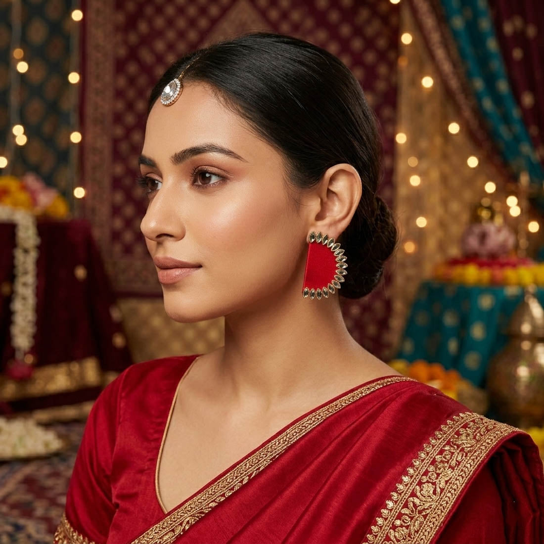 Red Color Handcraft Earrings Festive Style
